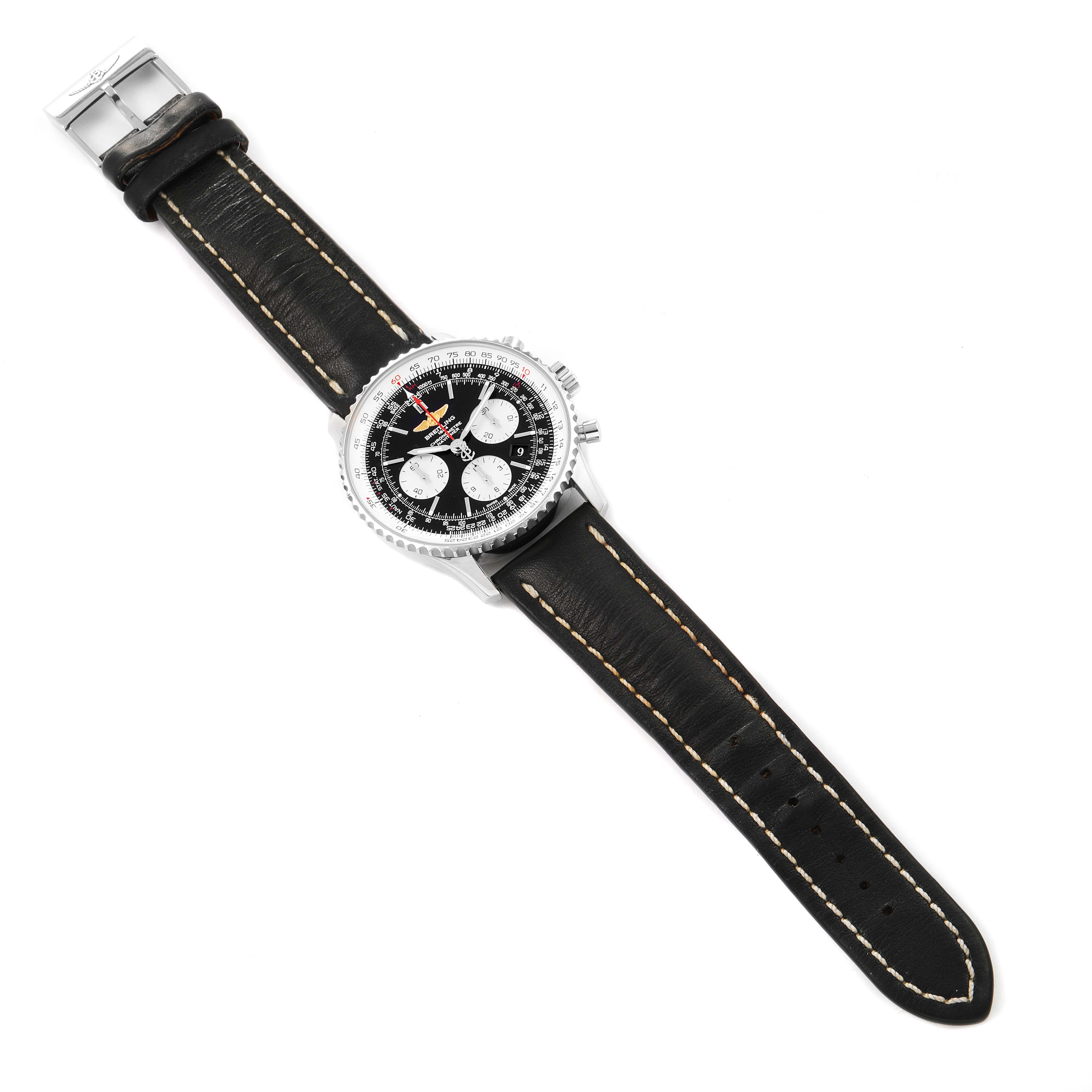The image shows a Breitling Navitimer AB0120 Men
s Stainless Steel Black Dial AB0120 Men
s Stainless Steel Black Dial watch positioned flat, displaying the face, bezel, case, and full leather strap.