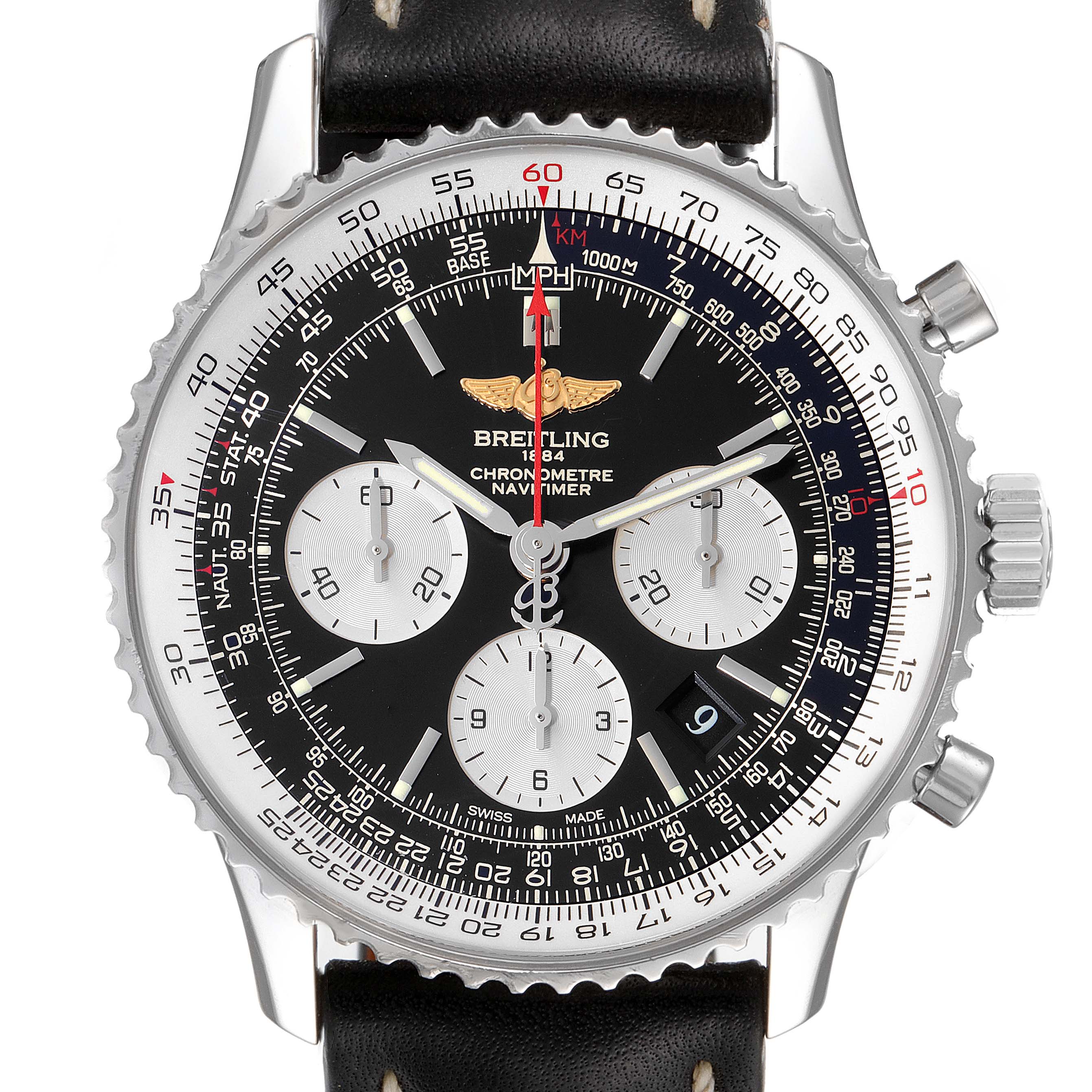 This is a front view of the Breitling Navitimer AB0120 Men
s Stainless Steel Black Dial AB0120 Men
s Stainless Steel Black Dial watch, showing the dial, chronograph subdials, and bezel.