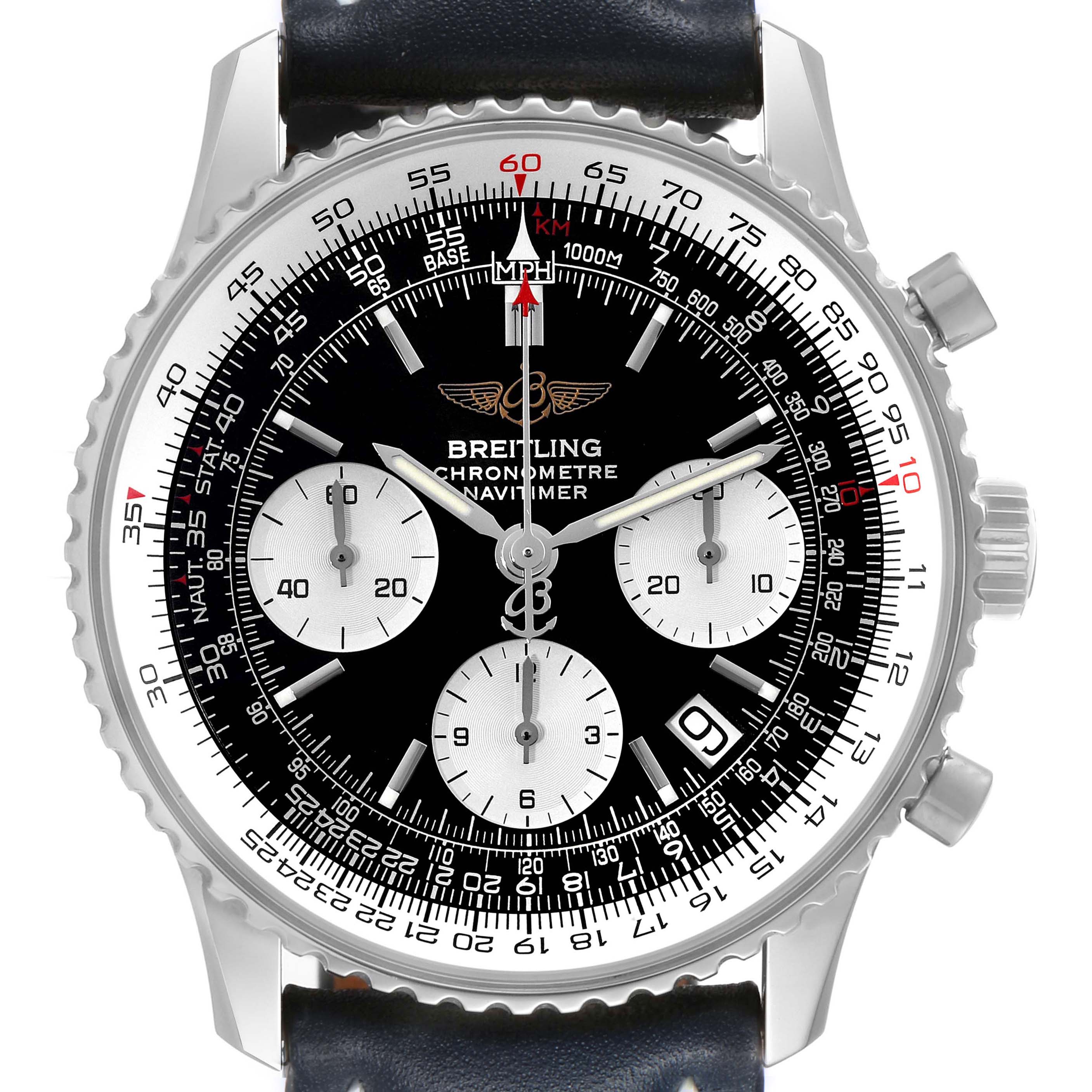 The Breitling Navitimer A23322 Men's Stainless Steel Black Dial A23322 Men's Stainless Steel Black Dial watch is shown from a front angle, highlighting the dial, bezel, subdials, and leather strap.