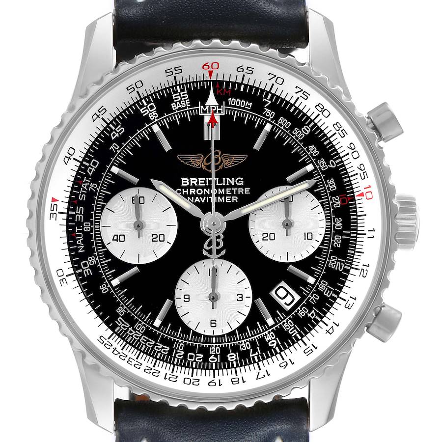 The Breitling Navitimer watch is shown from a front angle, highlighting the dial, bezel, subdials, and leather strap.