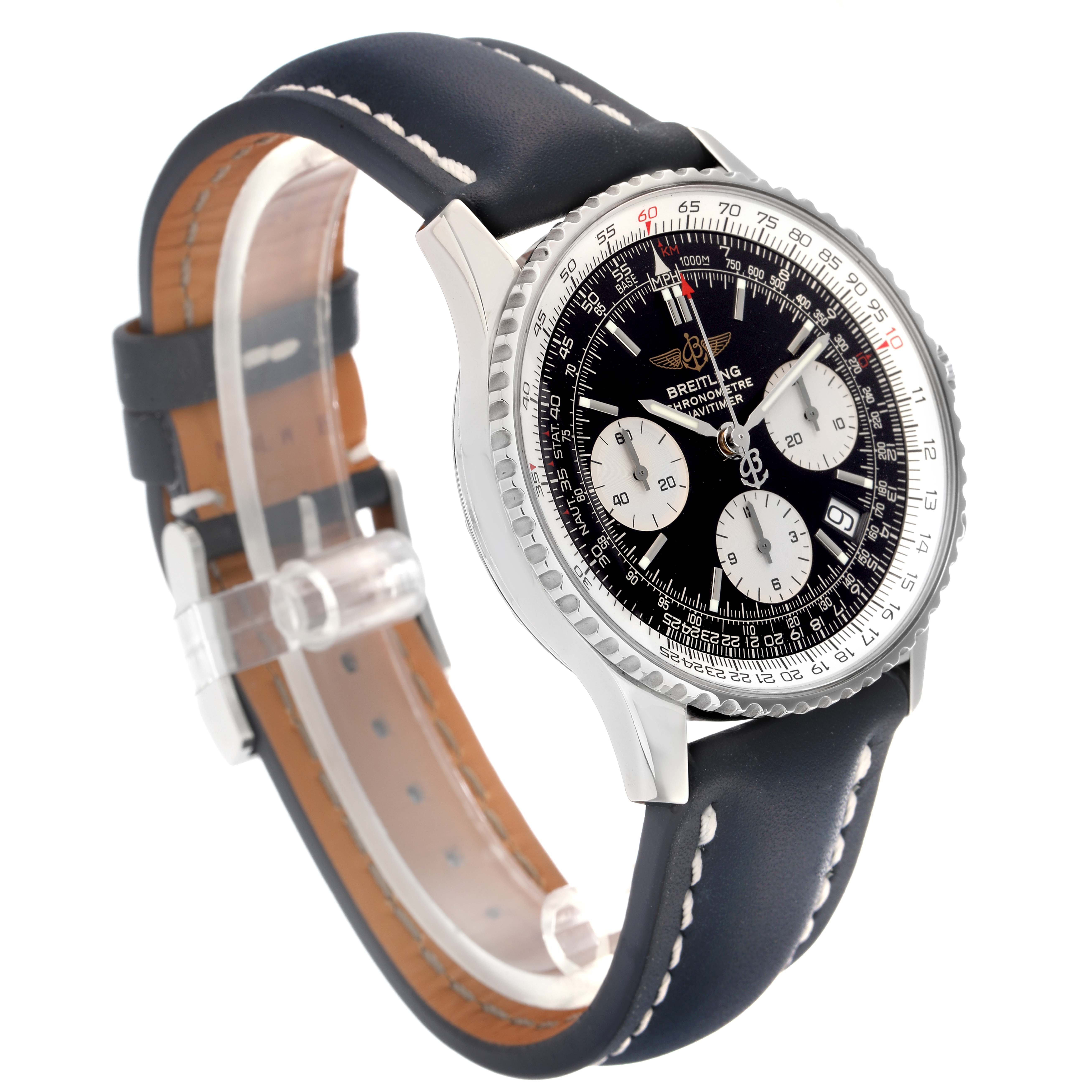 The Breitling Navitimer A23322 Men's Stainless Steel Black Dial A23322 Men's Stainless Steel Black Dial watch is shown at a three-quarter angle, highlighting the dial, bezel, and leather strap.