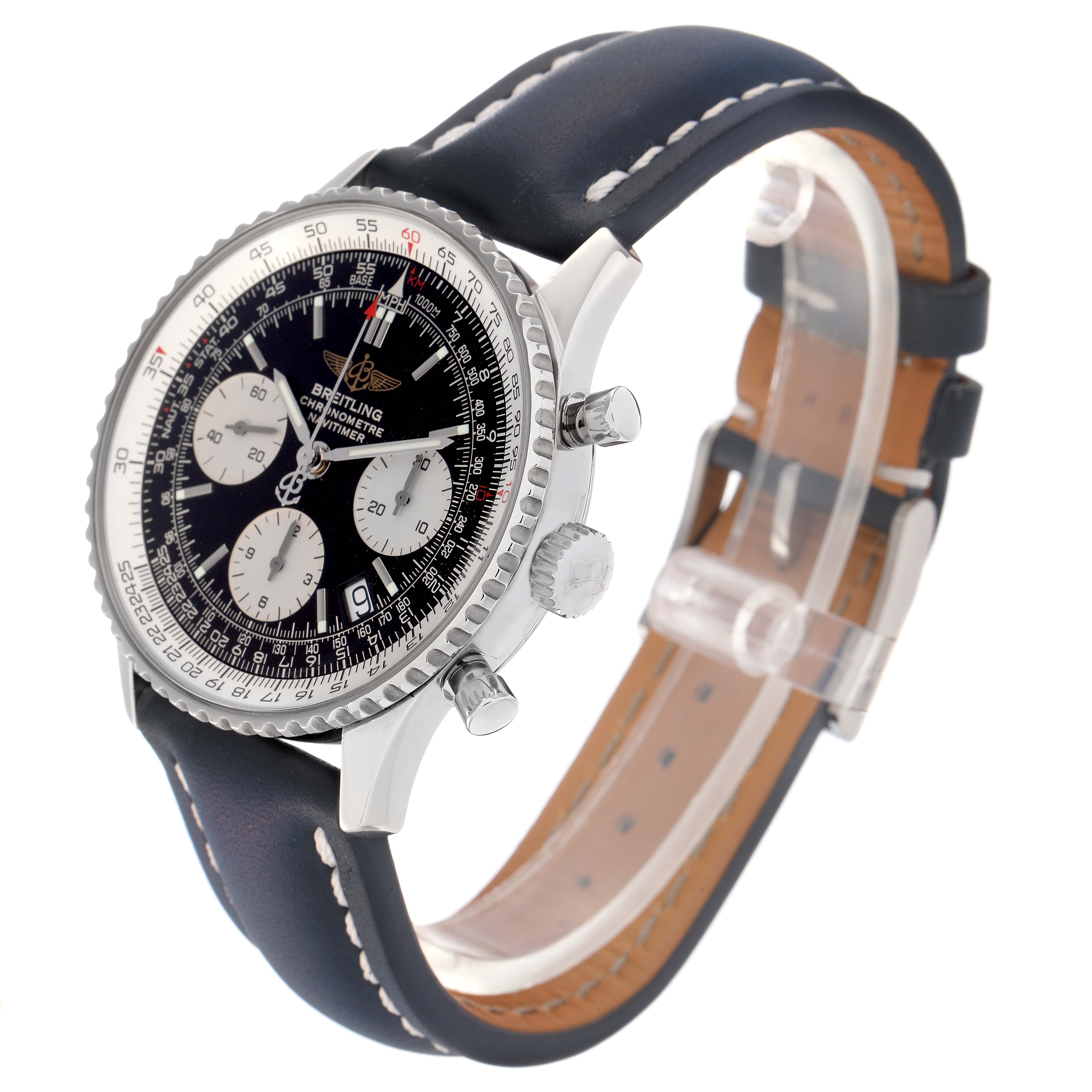 The Breitling Navitimer A23322 Men's Stainless Steel Black Dial A23322 Men's Stainless Steel Black Dial watch is shown at a three-quarter angle, displaying the face, bezel, pushers, crown, and leather strap.