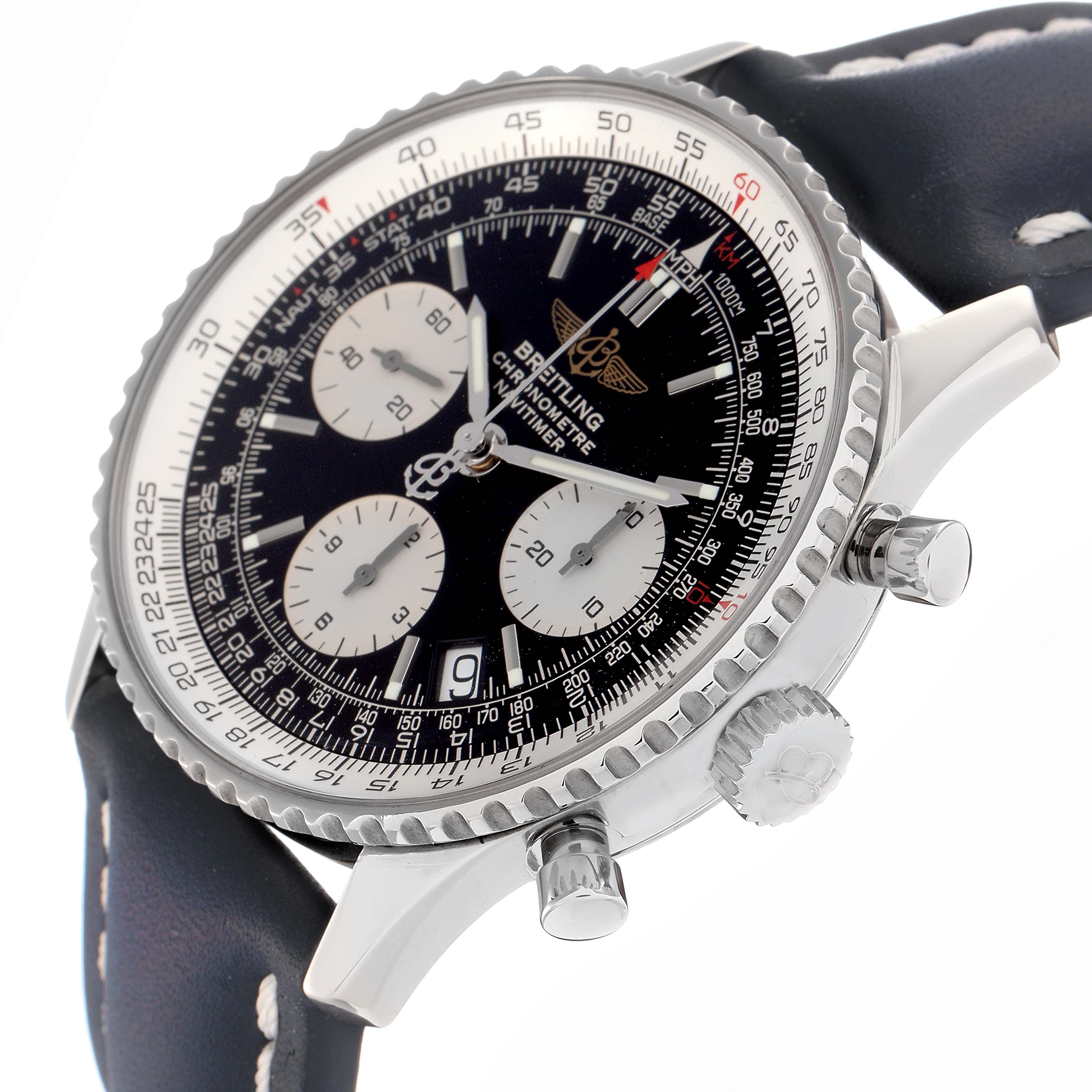 The image shows a Breitling Navitimer A23322 Men's Stainless Steel Black Dial A23322 Men's Stainless Steel Black Dial watch at a side angle, displaying the face, bezel, crown, pushers, and part of the strap.