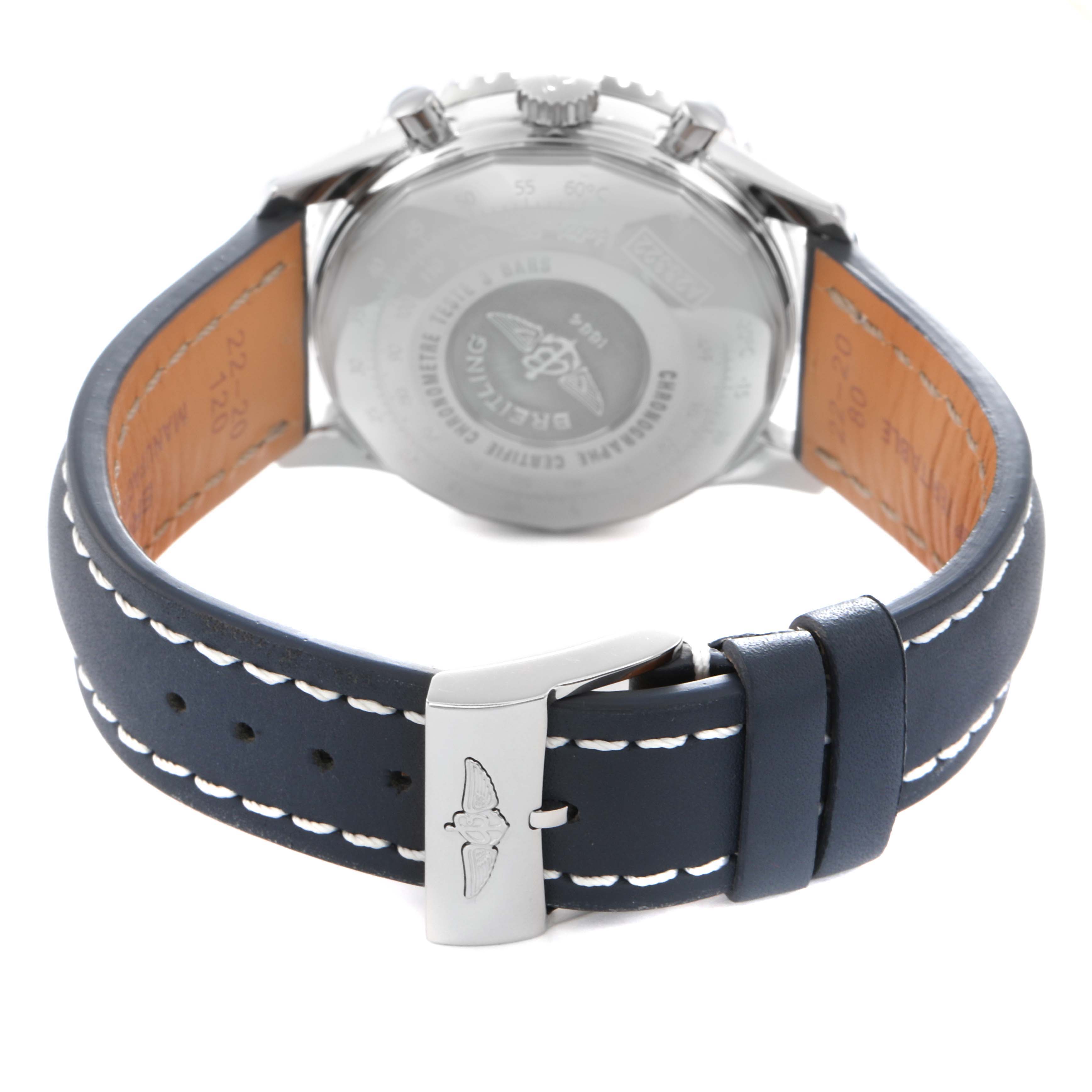 The image shows the Breitling Navitimer A23322 Men's Stainless Steel Black Dial A23322 Men's Stainless Steel Black Dial from the back angle, highlighting the leather strap and buckle.