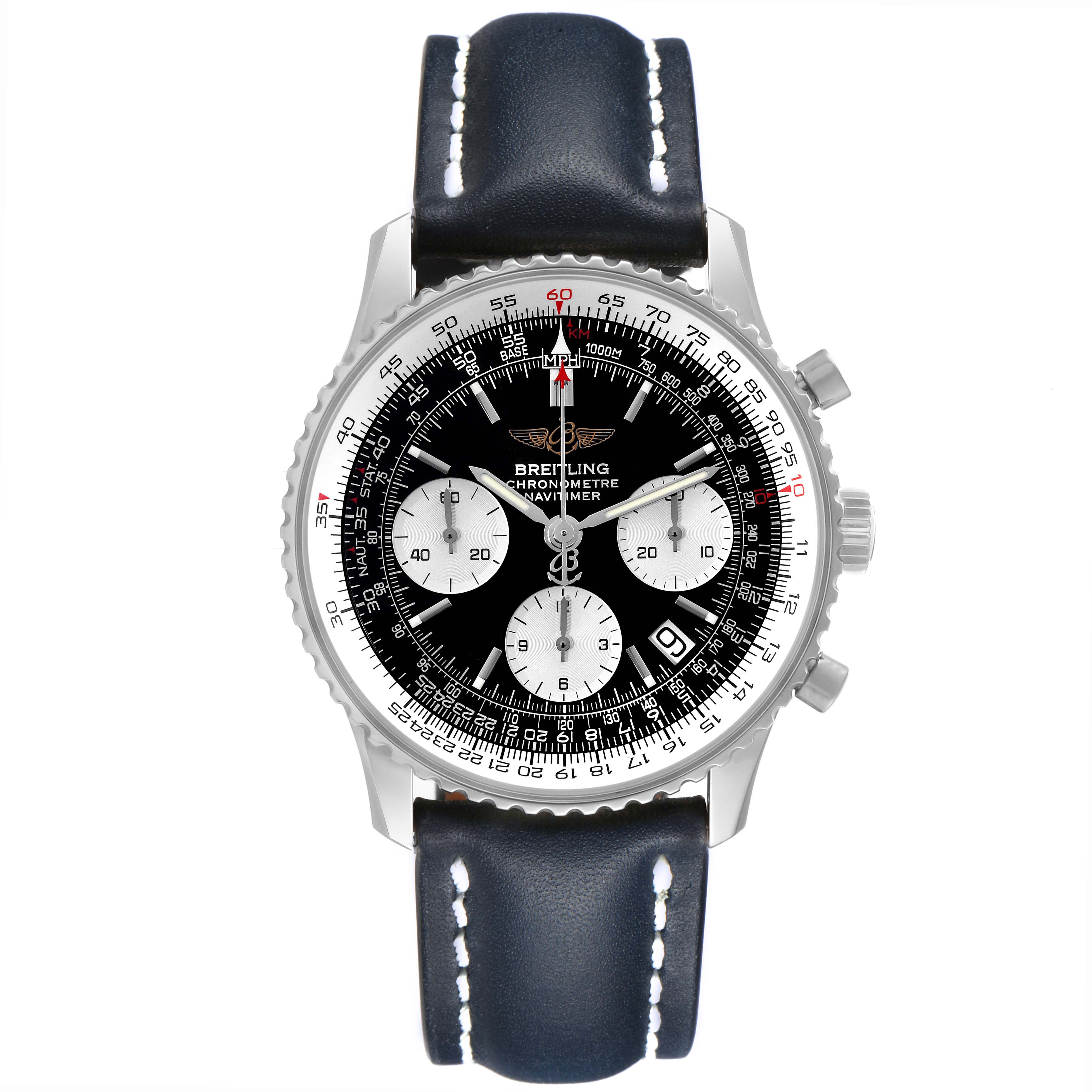 The Breitling Navitimer A23322 Men's Stainless Steel Black Dial A23322 Men's Stainless Steel Black Dial watch is shown from a top-down angle, displaying its dial, subdials, bezel, and leather strap.
