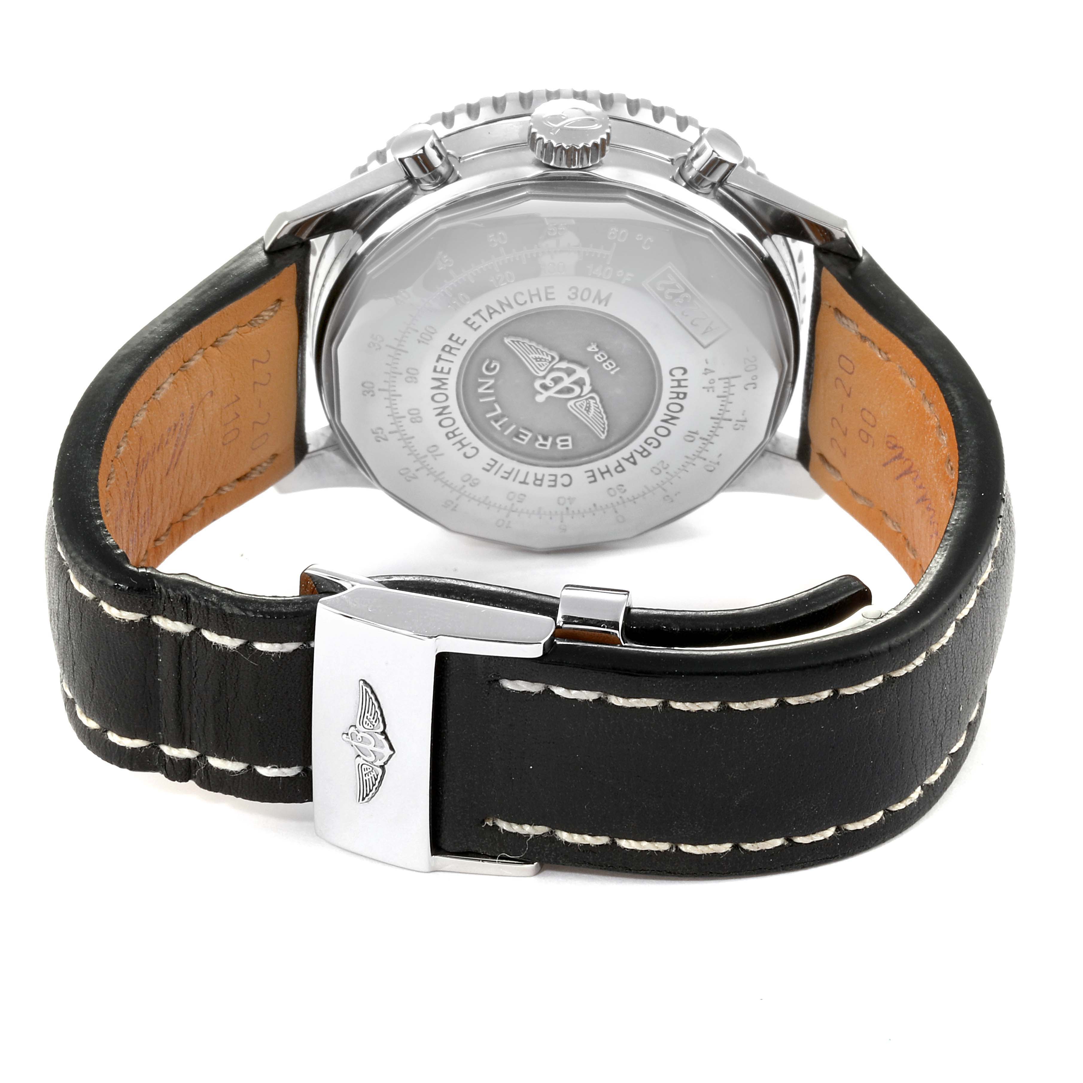 The image shows the back view of a Breitling Navitimer A22322 Men's Stainless Steel Black Dial A22322 Men's Stainless Steel Black Dial watch, highlighting the metal case back and black leather strap with stitching.