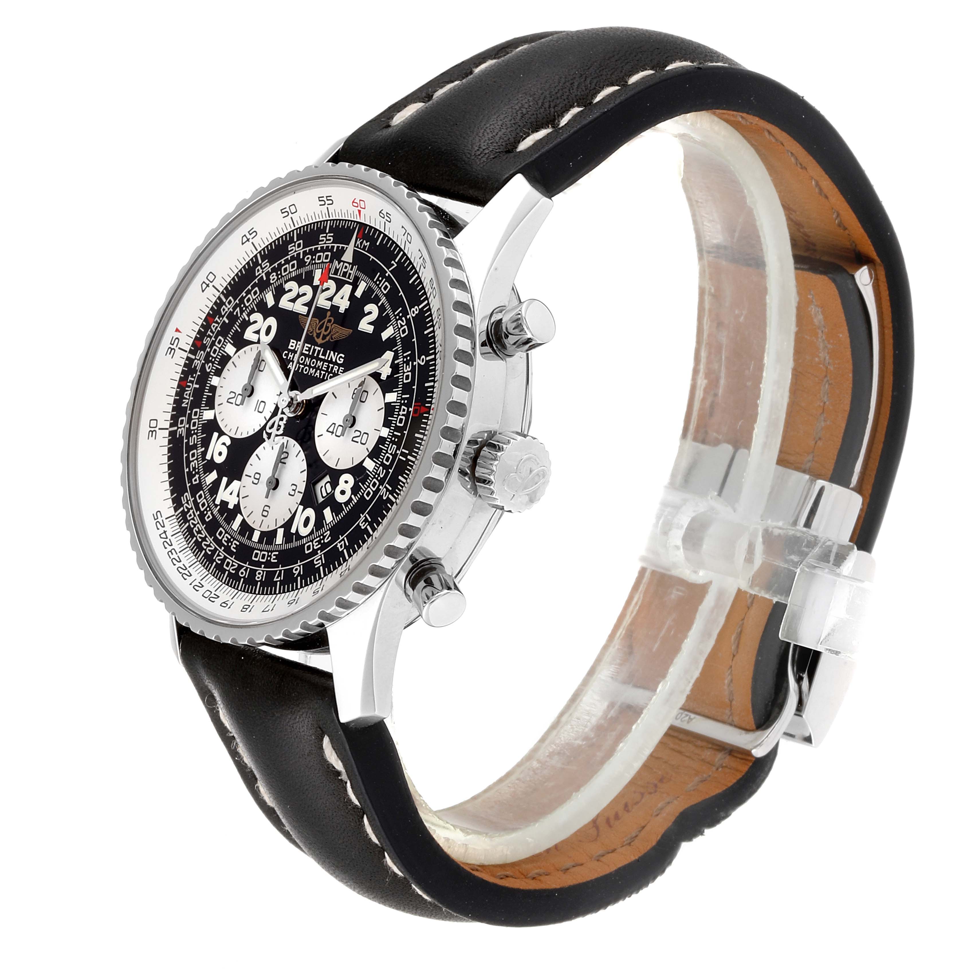 The image shows a side view of the Breitling Navitimer A22322 Men's Stainless Steel Black Dial A22322 Men's Stainless Steel Black Dial watch, highlighting the dial, bezel, crown, pushers, and leather strap.