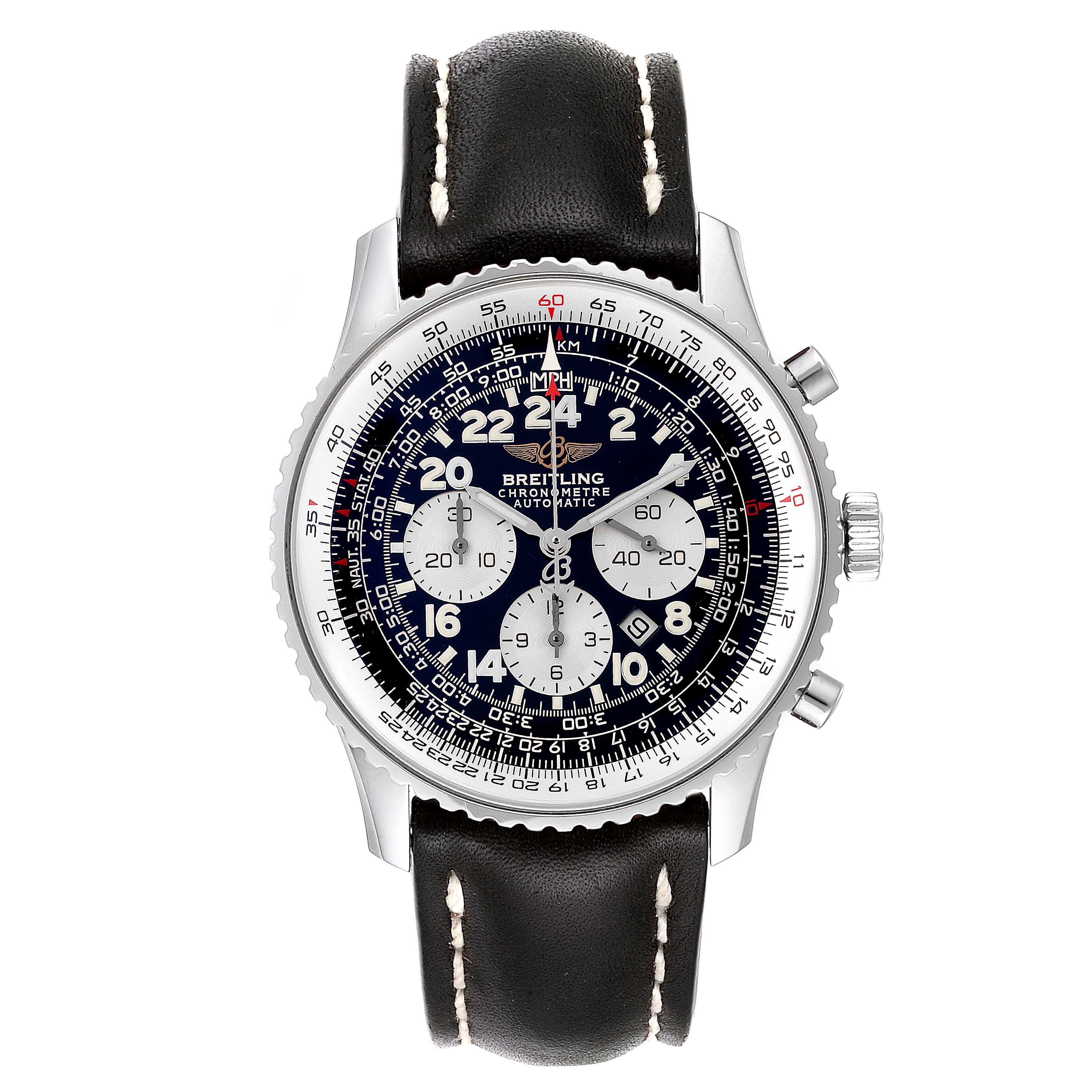 The image shows a front view of a Breitling Navitimer A22322 Men's Stainless Steel Black Dial A22322 Men's Stainless Steel Black Dial watch, highlighting its dial, bezel, crown, pushers, and leather strap.