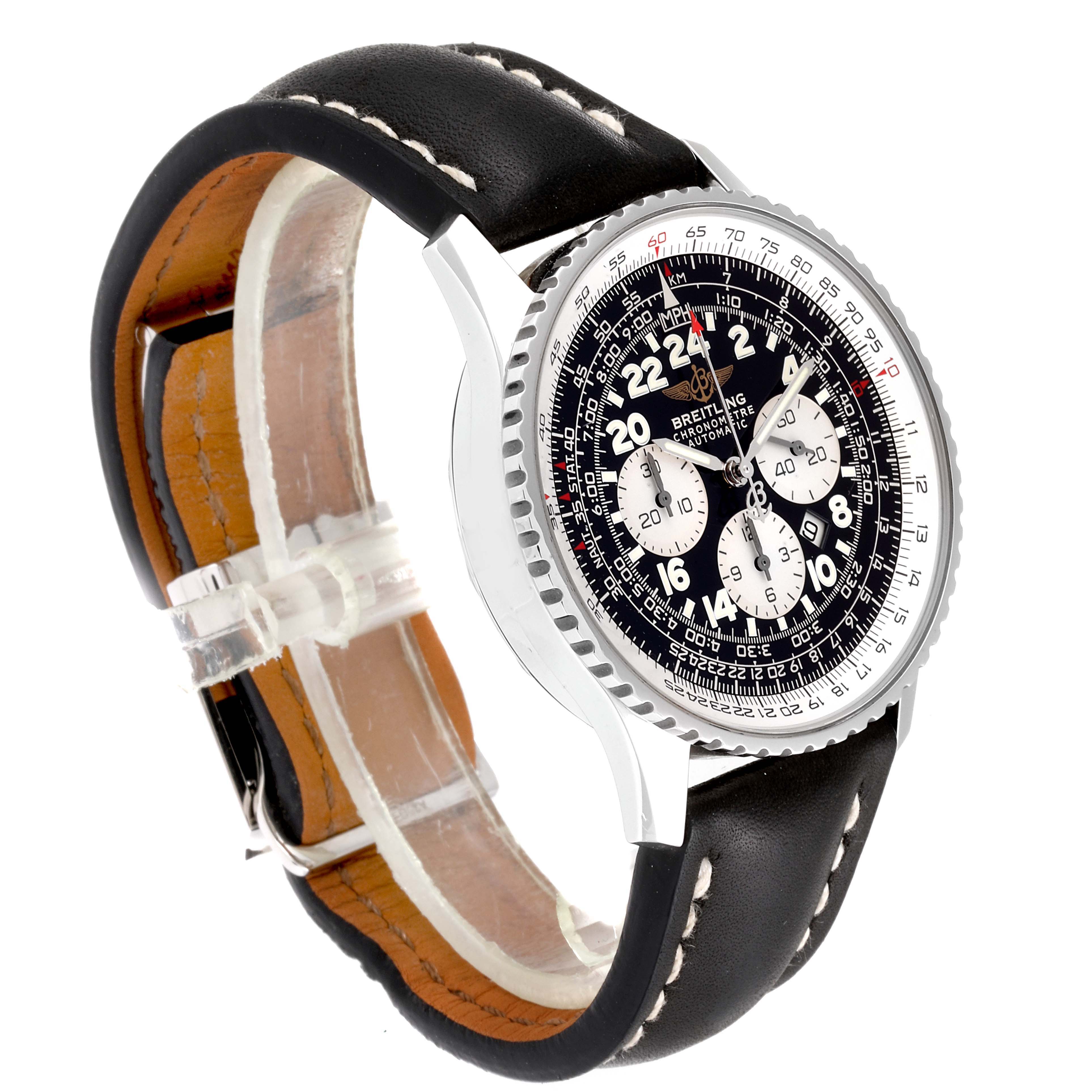 The Breitling Navitimer A22322 Men's Stainless Steel Black Dial A22322 Men's Stainless Steel Black Dial watch is shown at a slight right angle, displaying the black dial, silver bezel, and black leather strap.