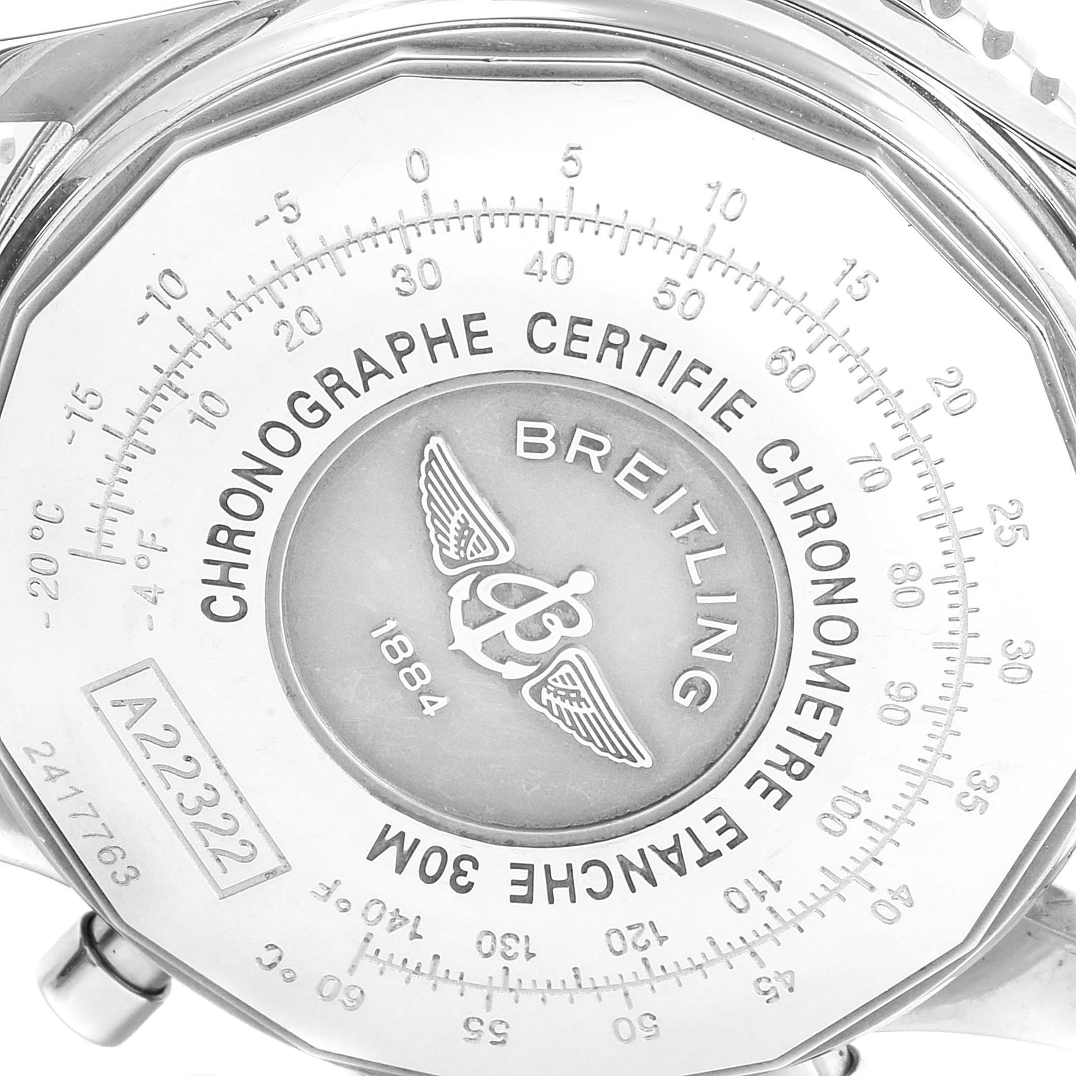 The image shows the engraved back case of the Breitling Navitimer A22322 Men's Stainless Steel Black Dial A22322 Men's Stainless Steel Black Dial watch, highlighting the brand, model, and certification details.
