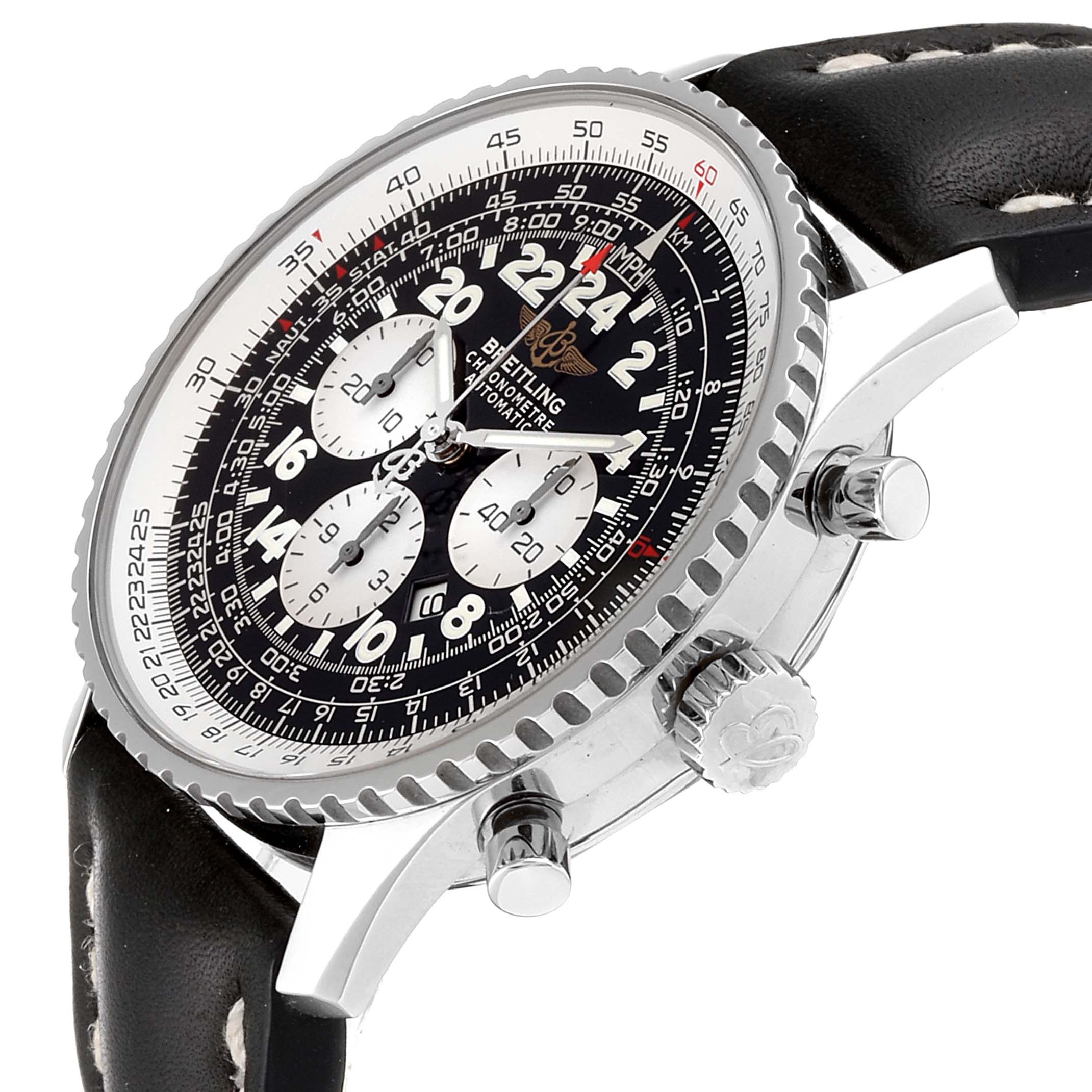 The image shows a side view of the Breitling Navitimer A22322 Men's Stainless Steel Black Dial A22322 Men's Stainless Steel Black Dial watch, highlighting its bezel, chronograph dials, and pushers.