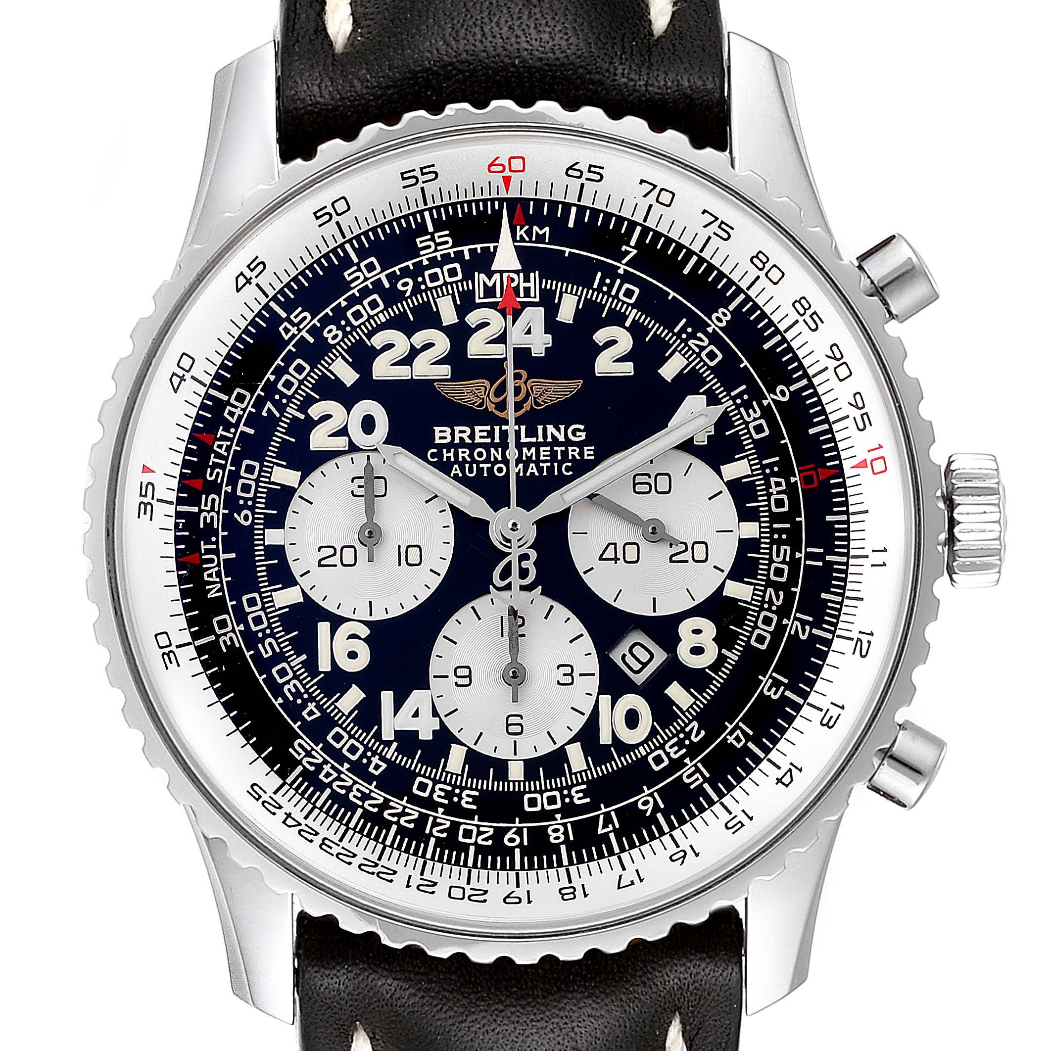 The image shows a front view of the Breitling Navitimer A22322 Men's Stainless Steel Black Dial A22322 Men's Stainless Steel Black Dial watch, highlighting its dial, three subdials, and leather strap.