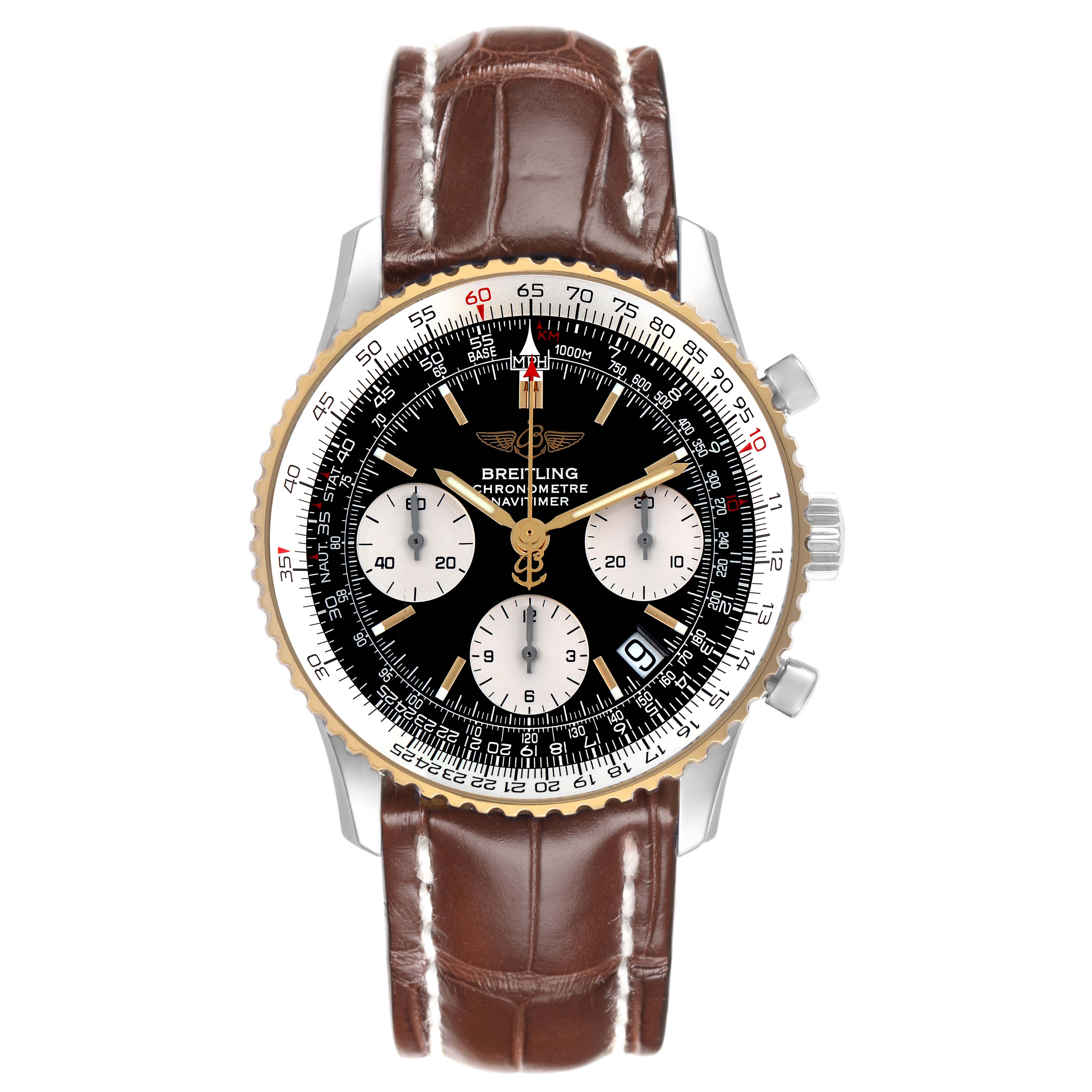 The Breitling Navitimer D23322 Men
s Steel and Gold (two tone) Black Dial D23322 Men
s Steel and Gold (two tone) Black Dial watch is shown from a front angle, displaying the face, bezel, subdials, and leather strap.