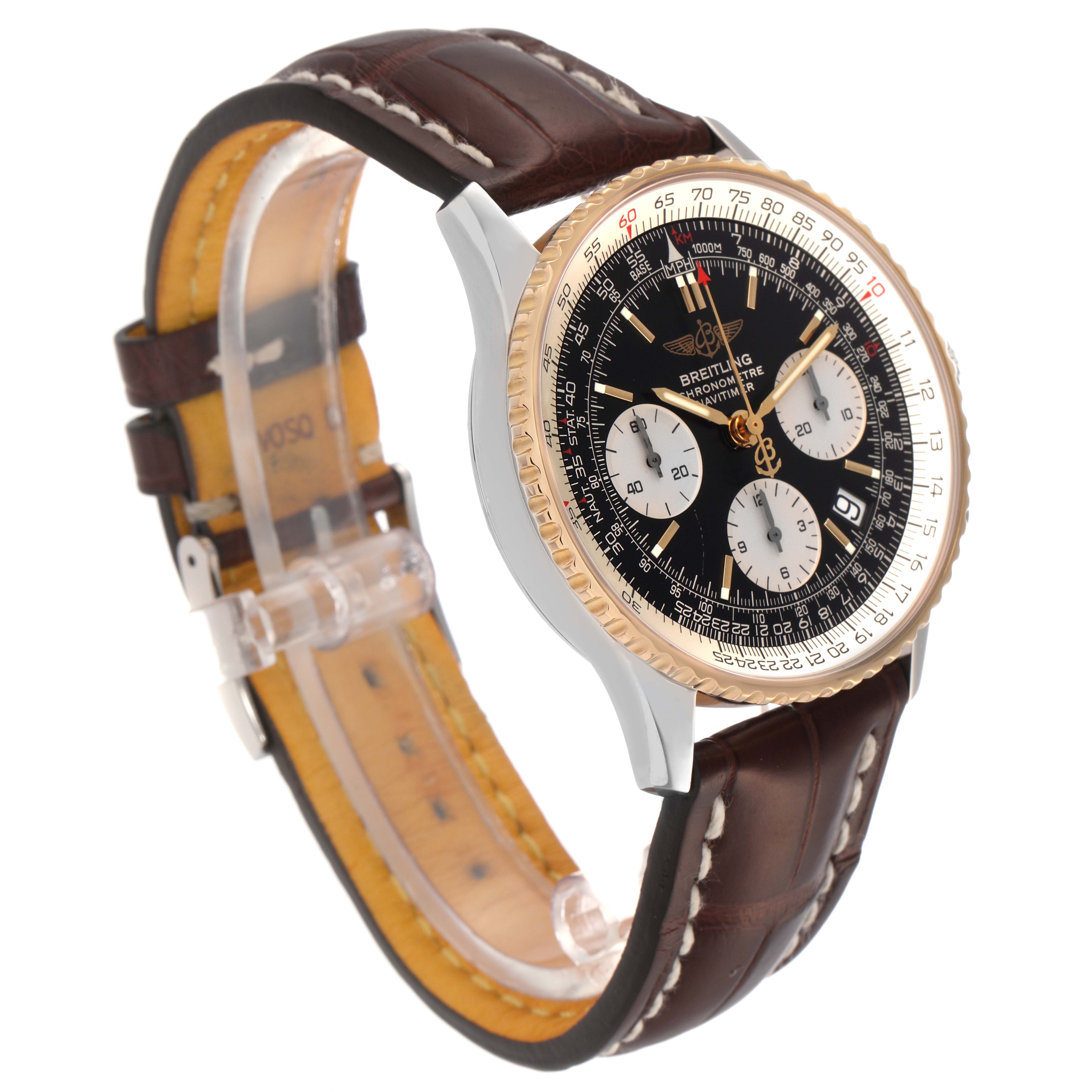 The Breitling Navitimer D23322 Men
s Steel and Gold (two tone) Black Dial D23322 Men
s Steel and Gold (two tone) Black Dial watch is shown at a side angle, displaying its dial, bezel, and leather strap.
