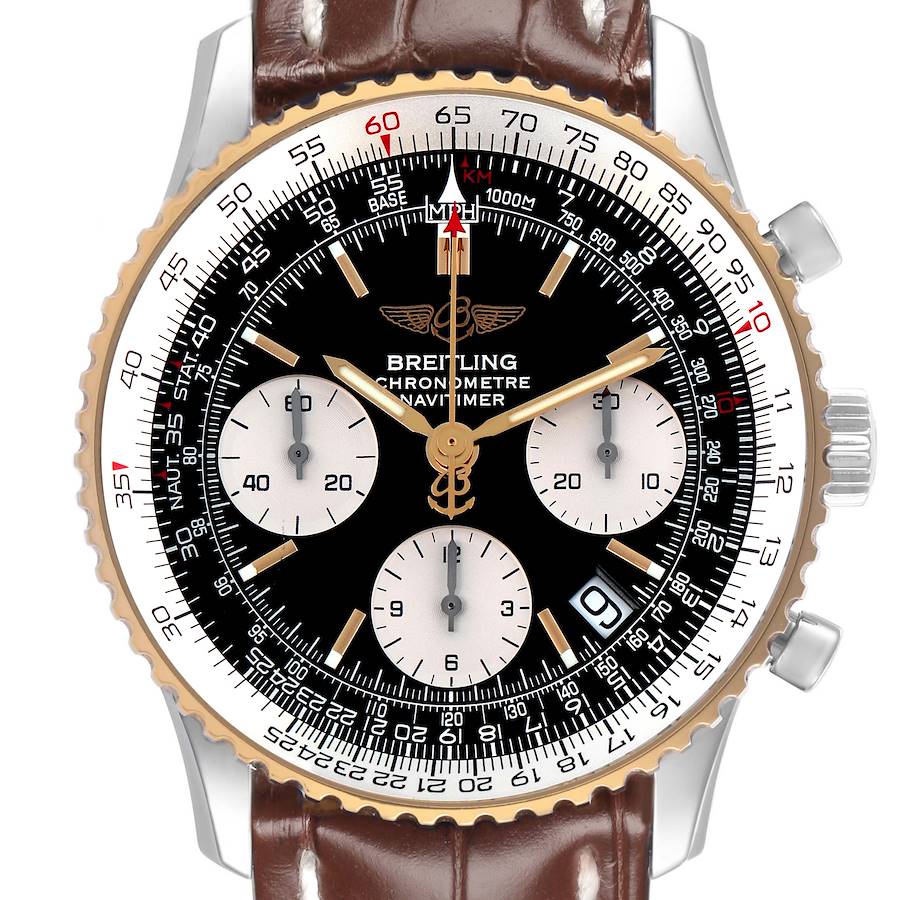The Breitling Navitimer watch is shown front-facing, displaying the dial, bezel, subdials, and part of the leather strap.