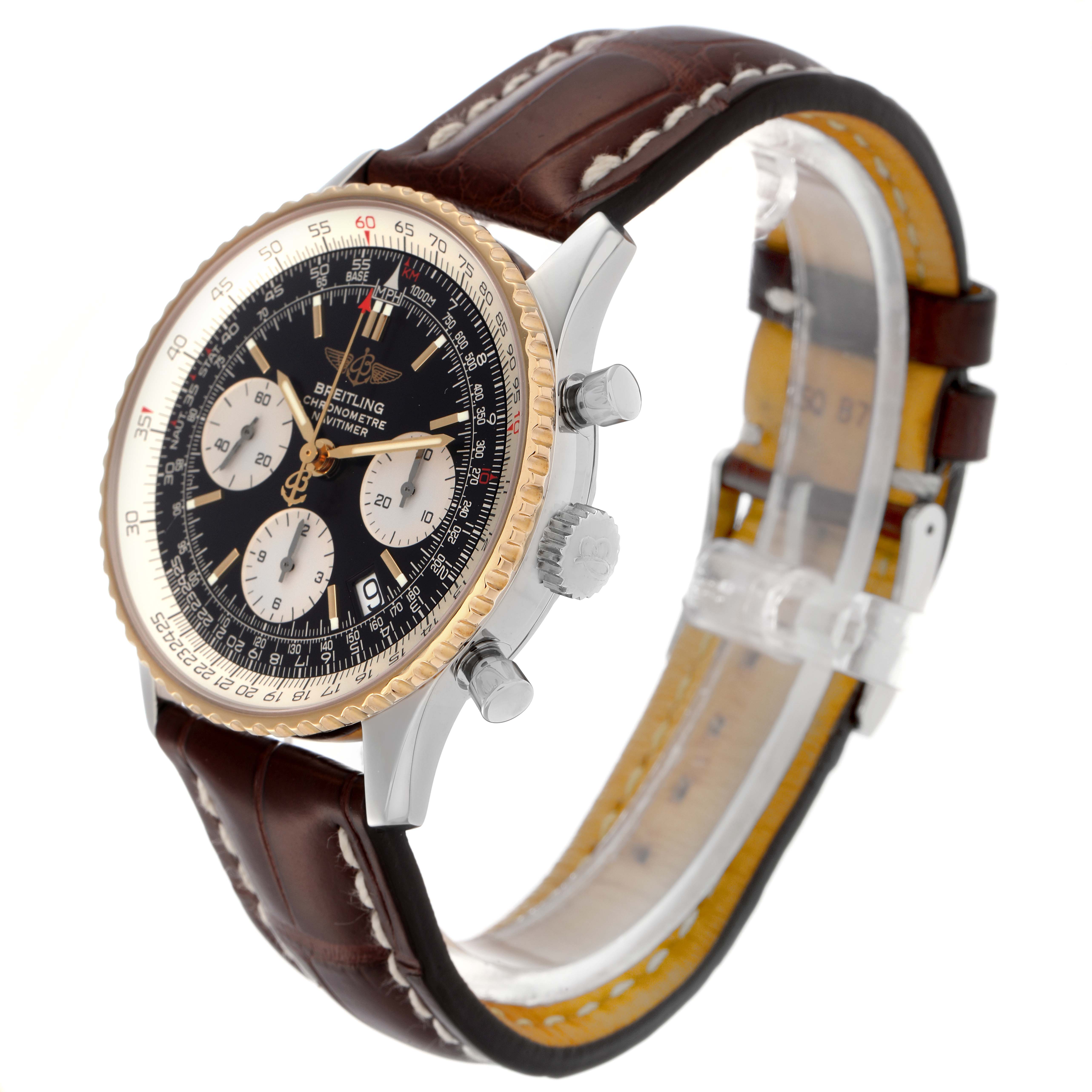 The Breitling Navitimer D23322 Men
s Steel and Gold (two tone) Black Dial D23322 Men
s Steel and Gold (two tone) Black Dial watch is shown at a three-quarter angle, displaying the face, bezel, crown, and strap.