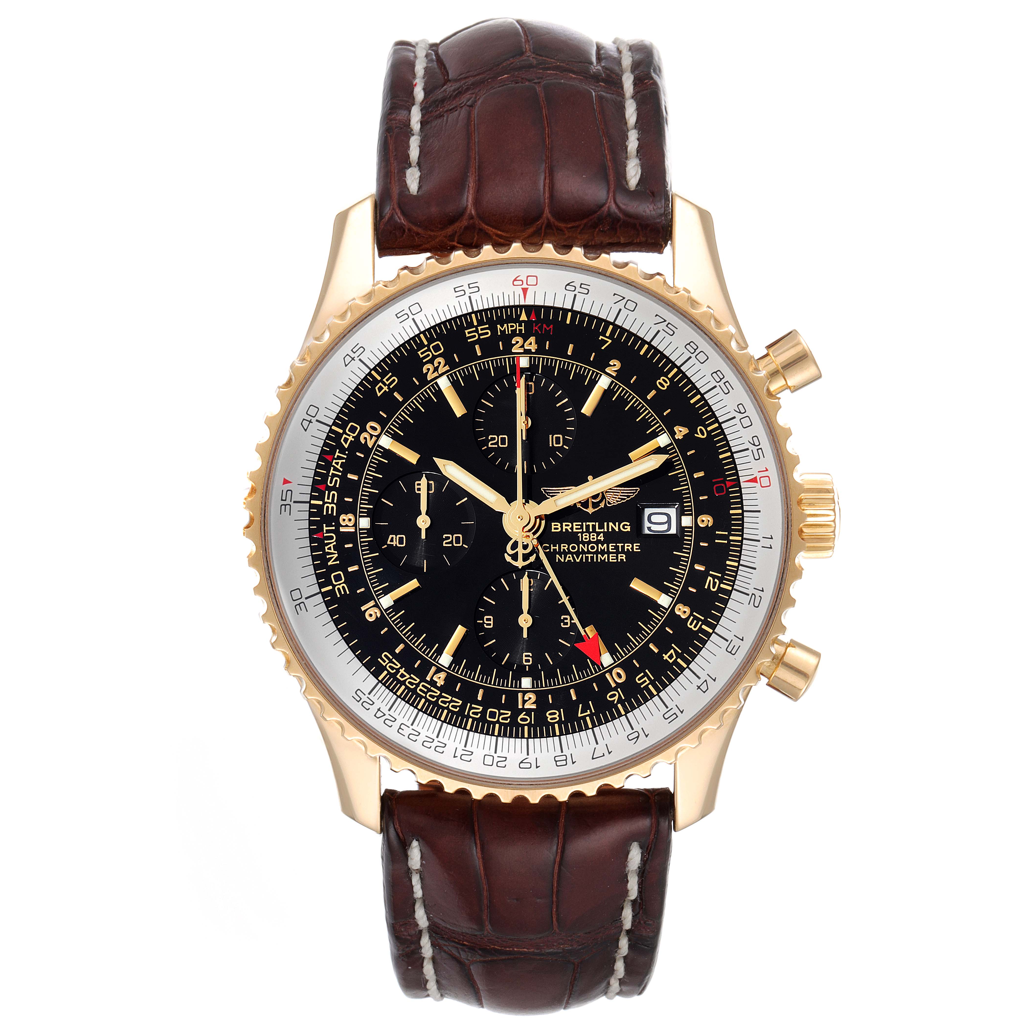 The image shows a front view of a Breitling Navitimer K24322 Men's Yellow Gold Black Dial K24322 Men's Yellow Gold Black Dial watch with a black dial, gold case, and brown leather strap.