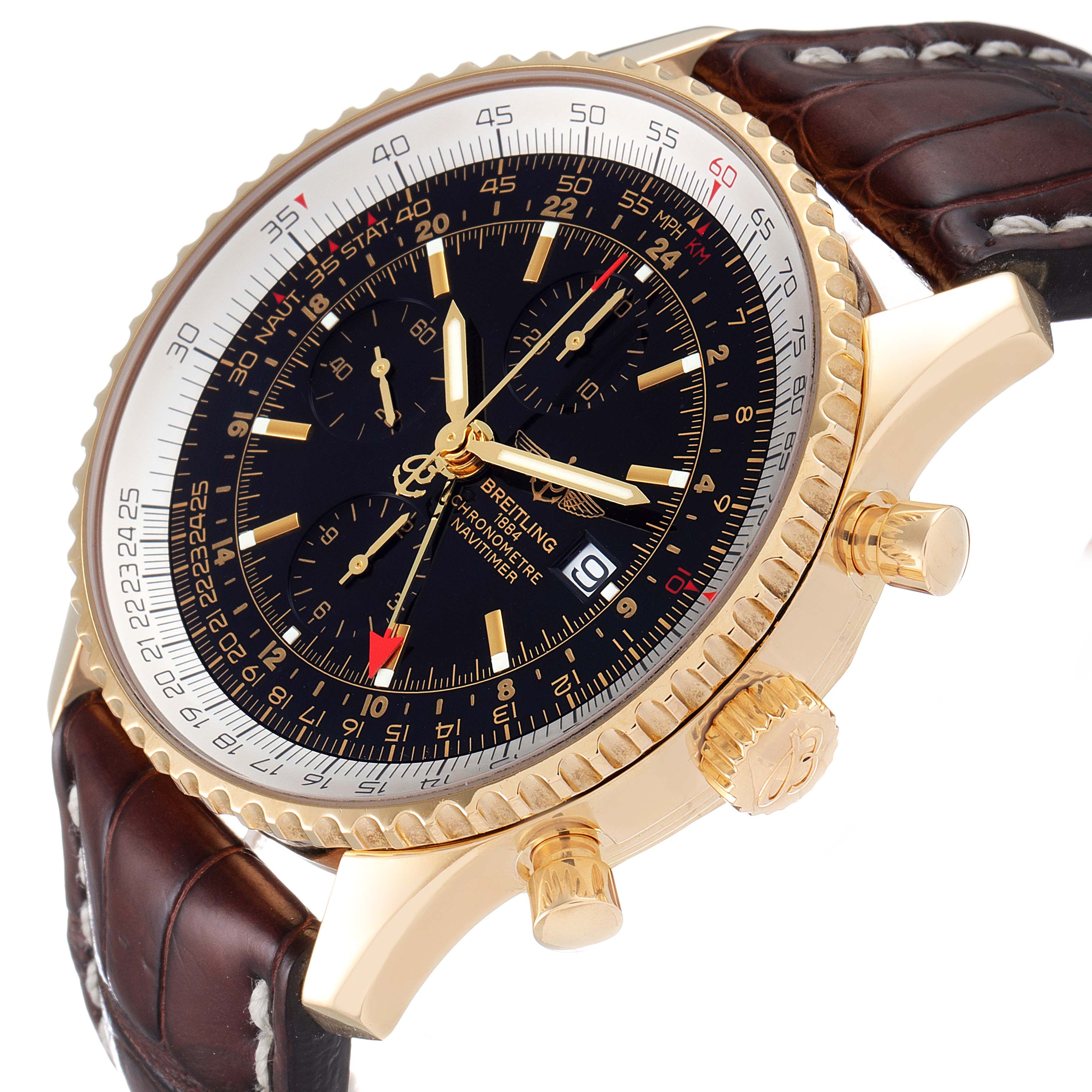 The image shows a side and angled view of a Breitling Navitimer K24322 Men's Yellow Gold Black Dial K24322 Men's Yellow Gold Black Dial watch, highlighting the dial, crown, and brown leather strap.