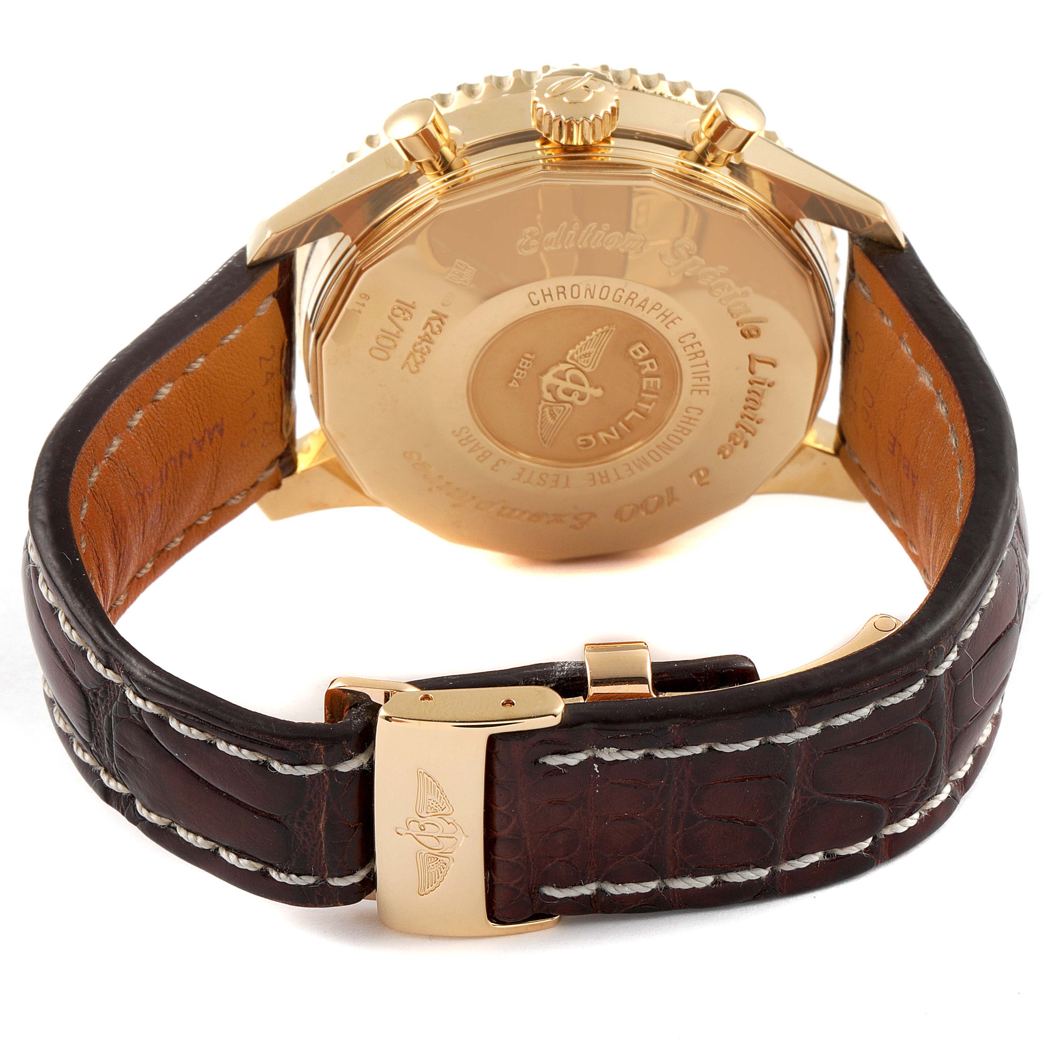 This image shows the back case and leather strap of the Breitling Navitimer K24322 Men's Yellow Gold Black Dial K24322 Men's Yellow Gold Black Dial watch from a rear angle.