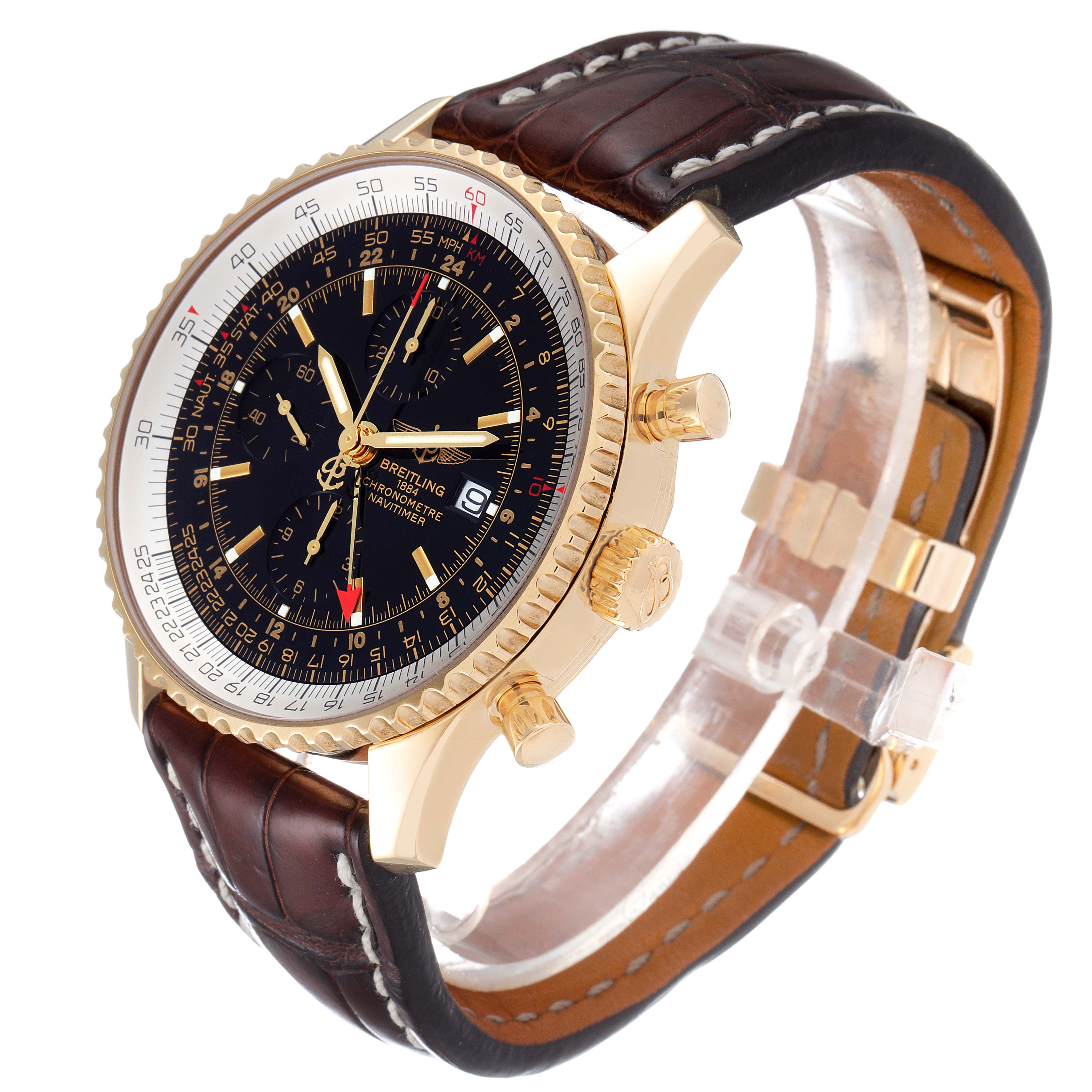 The image shows a Breitling Navitimer K24322 Men's Yellow Gold Black Dial K24322 Men's Yellow Gold Black Dial watch at an angle, displaying the dial, bezel, crown, pushers, and leather strap.