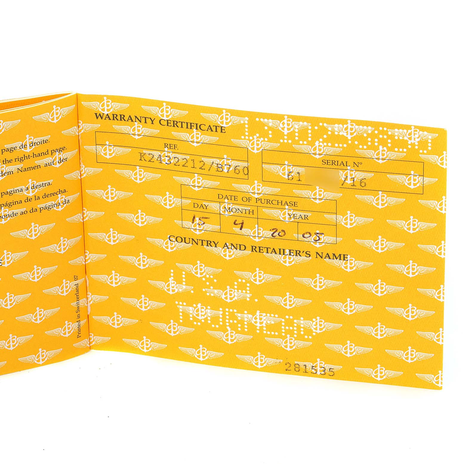 The image shows the warranty certificate for a Breitling Navitimer K24322 Men's Yellow Gold Black Dial K24322 Men's Yellow Gold Black Dial watch, featuring reference and serial numbers, and purchase details.