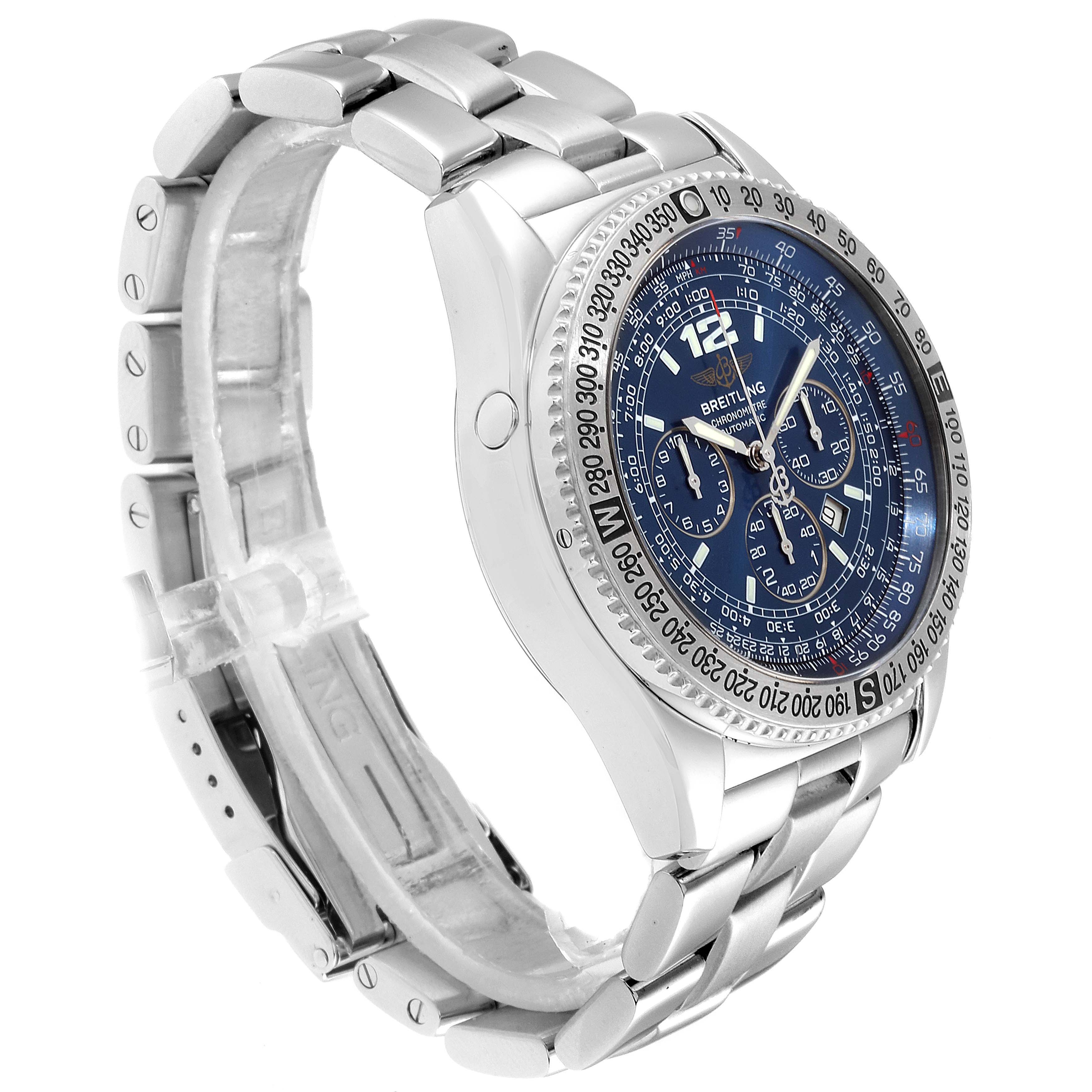 The image shows a side-angle view of the Professional Series Breitling watch, highlighting its blue dial, metal band, and bezel.