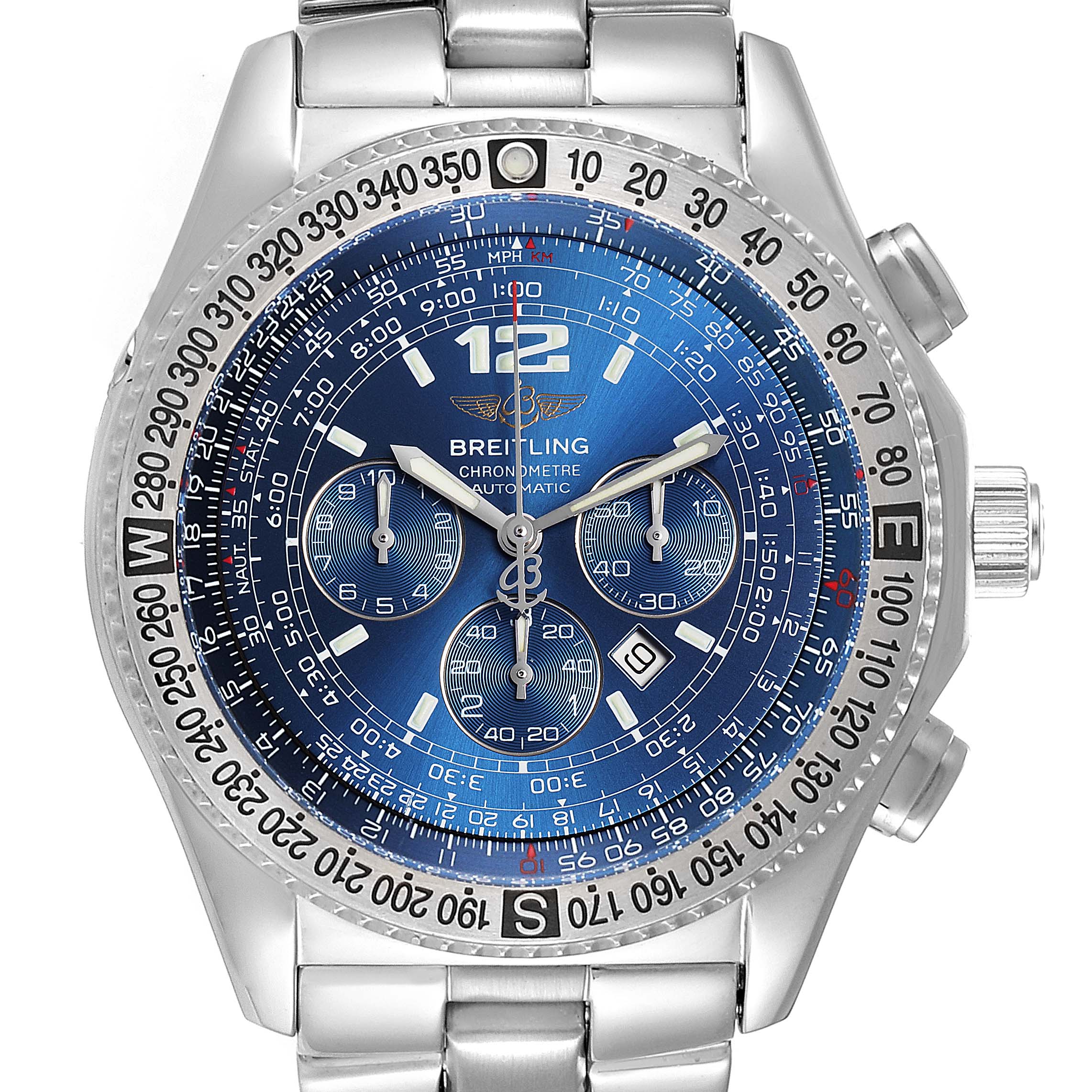 The image shows a front view of the Breitling Professional Series A42362 Men
s Stainless Steel Blue Dial A42362 Men
s Stainless Steel Blue Dial watch, highlighting its blue dial, chronograph subdials, and stainless steel bracelet.