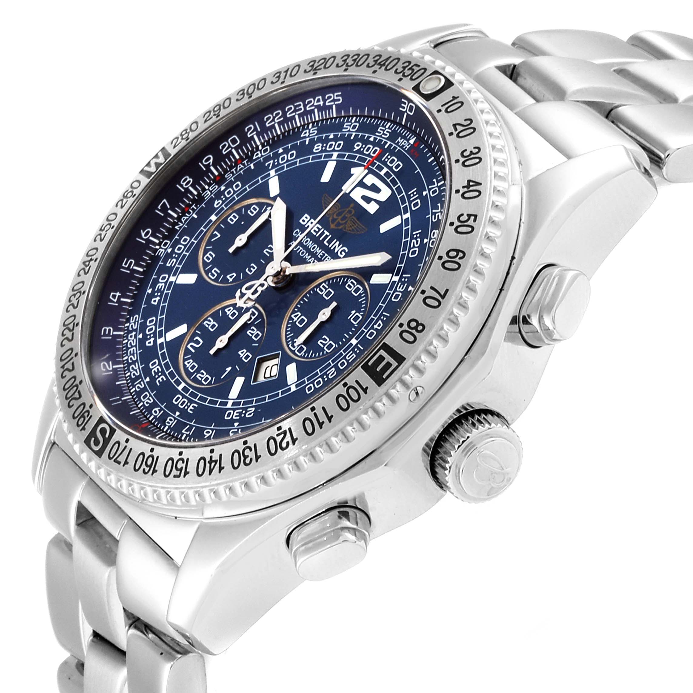 The Breitling Professional Series A42362 Men
s Stainless Steel Blue Dial A42362 Men
s Stainless Steel Blue Dial watch is shown at an angle with its face, bezel, crown, and part of the bracelet visible.