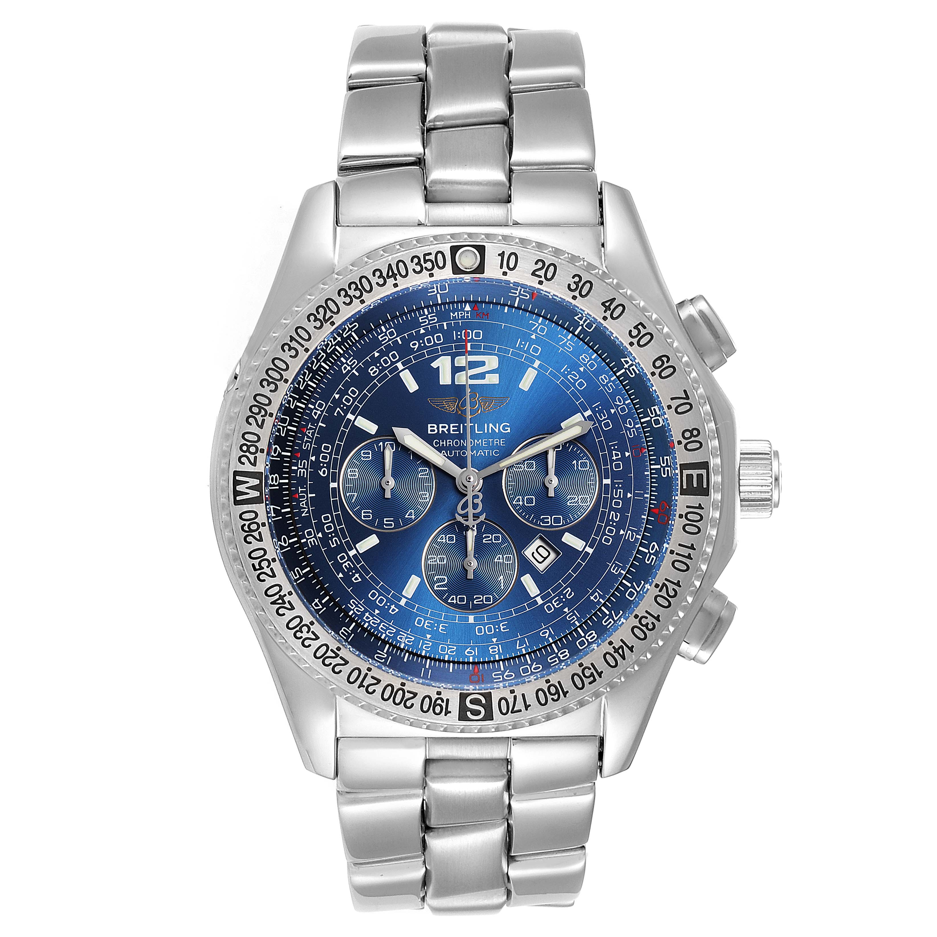The image shows a front view of a Breitling Professional Series A42362 Men
s Stainless Steel Blue Dial A42362 Men
s Stainless Steel Blue Dial watch, displaying the face, bezel, and bracelet.