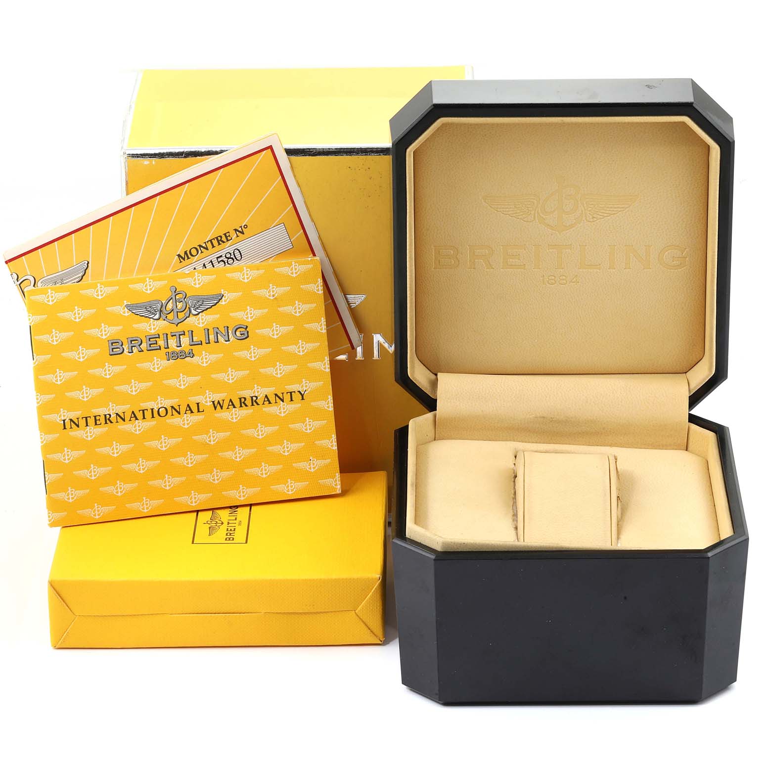 The image shows the packaging, including the empty watch box and warranty cards, of a Breitling Professional Series A42362 Men
s Stainless Steel Blue Dial A42362 Men
s Stainless Steel Blue Dial model.