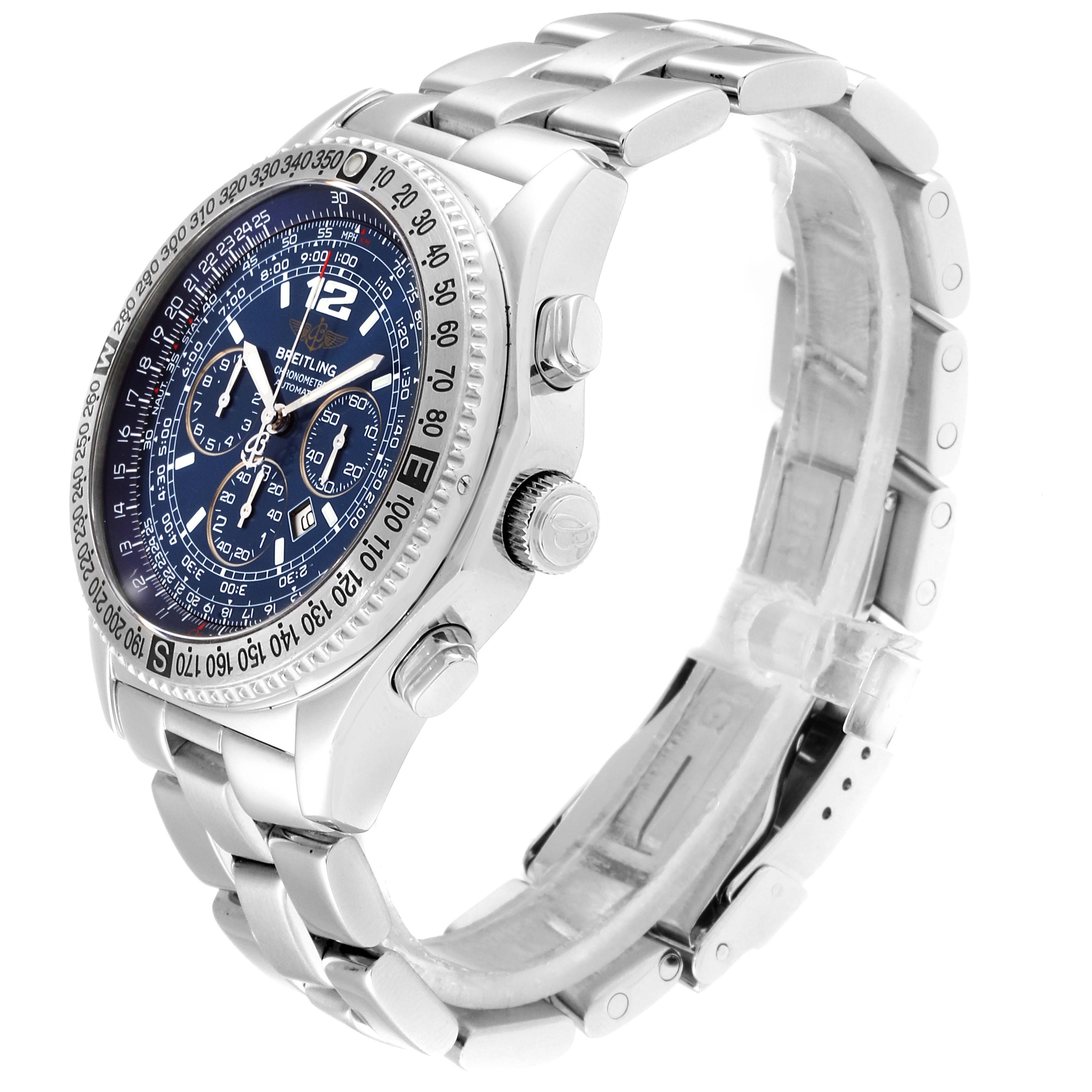 The image shows a Breitling Professional Series A42362 Men
s Stainless Steel Blue Dial A42362 Men
s Stainless Steel Blue Dial model, highlighting its side angle, bezel, crown, and bracelet.