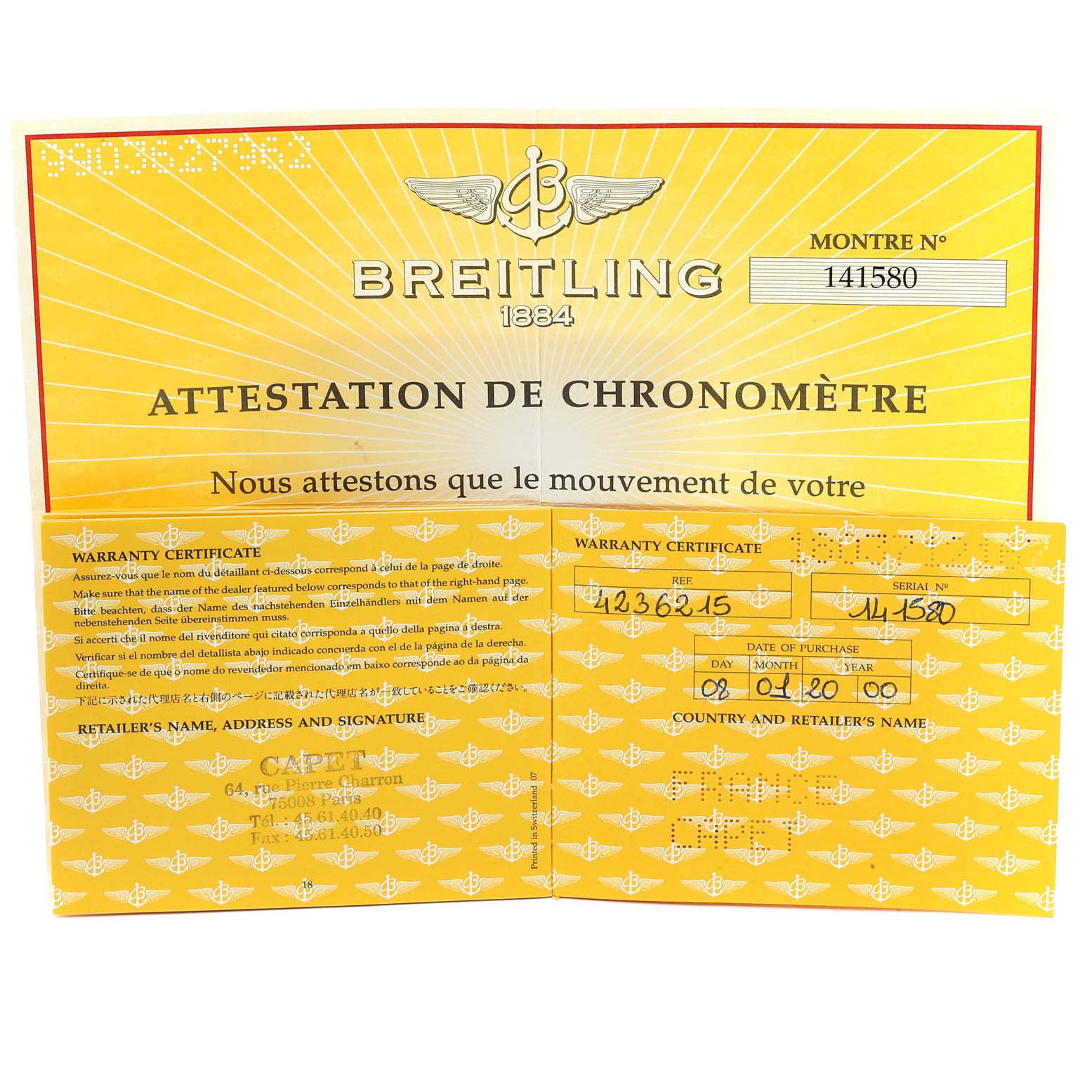 This image shows a Breitling warranty certificate and chronometer attestation for the Breitling Professional Series A42362 Men
s Stainless Steel Blue Dial A42362 Men
s Stainless Steel Blue Dial model.