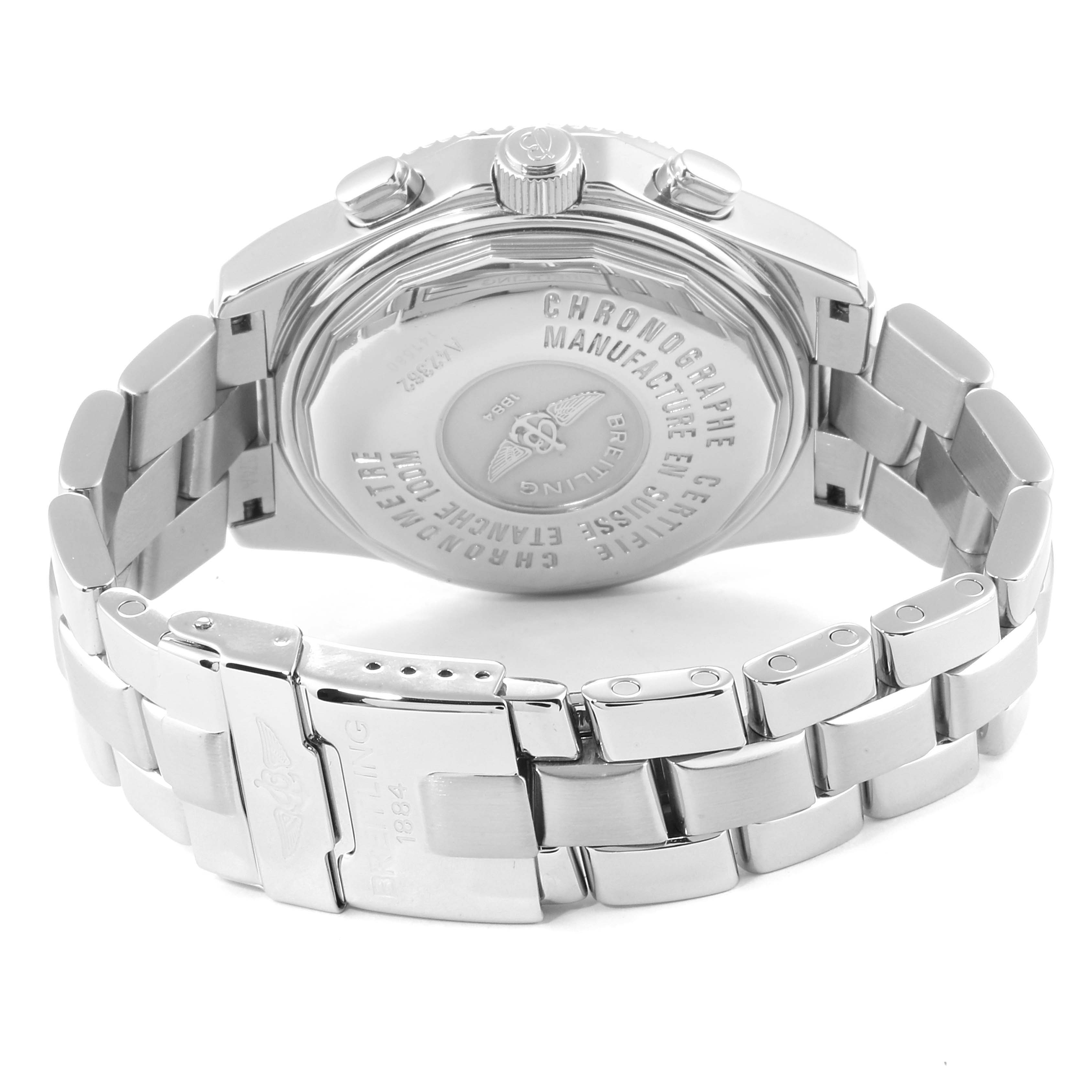 The image shows a rear view of the Breitling Professional Series A42362 Men
s Stainless Steel Blue Dial A42362 Men
s Stainless Steel Blue Dial watch, highlighting the case back and metal bracelet.