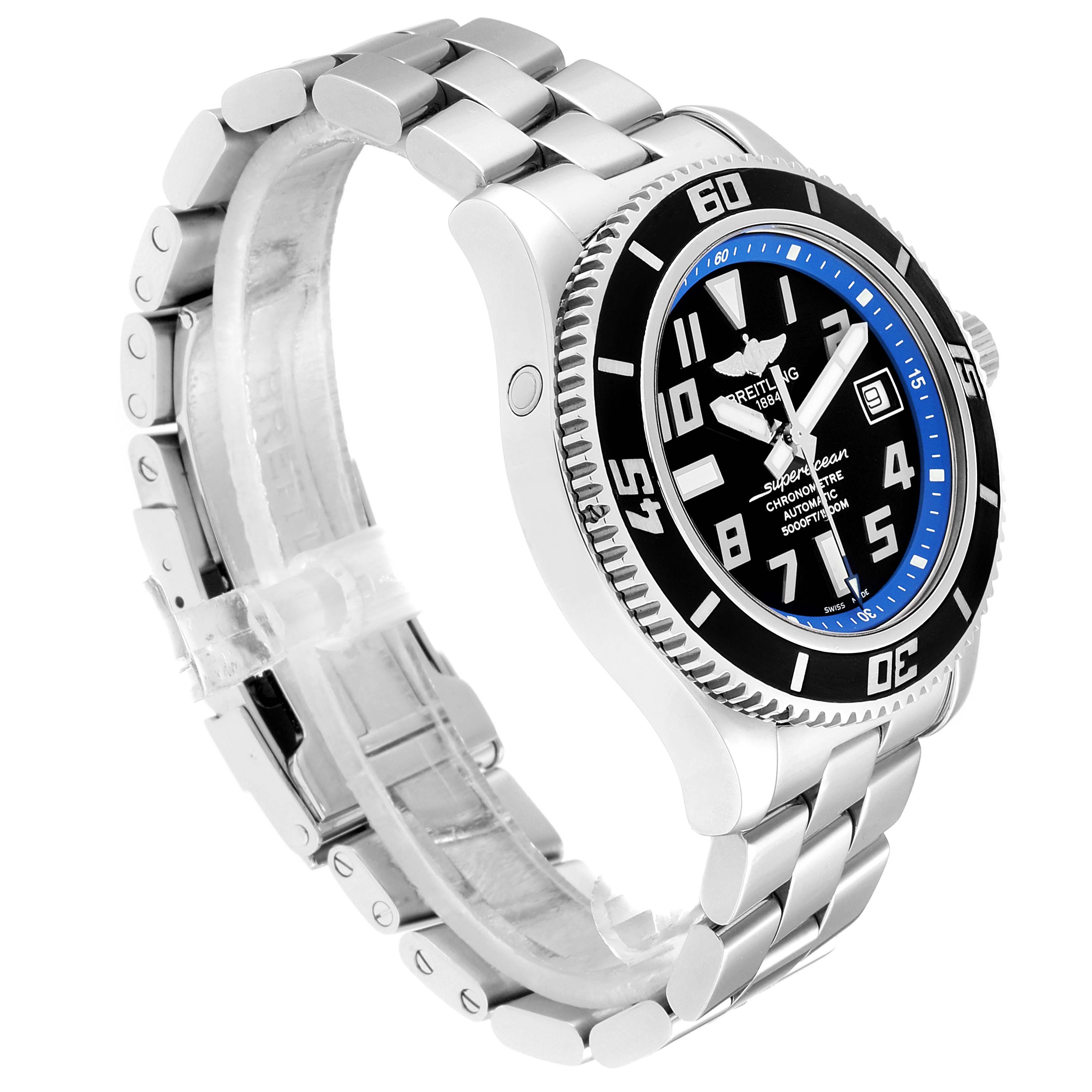 The image shows a Breitling Superocean A17364 Men's Stainless Steel Black Dial A17364 Men's Stainless Steel Black Dial watch at a 3/4 angle, highlighting the bezel, dial, and metal bracelet.