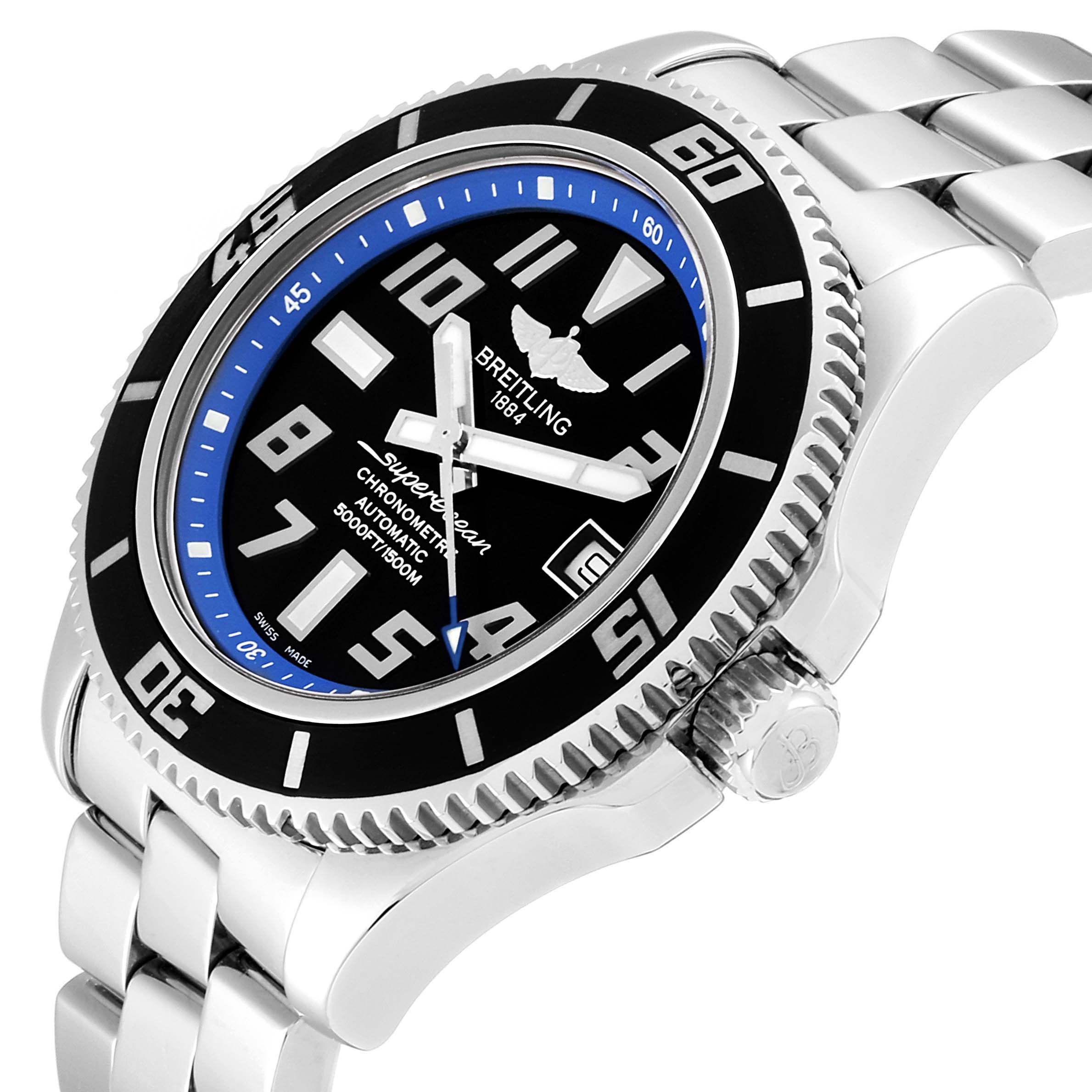 The image shows a Breitling Superocean A17364 Men's Stainless Steel Black Dial A17364 Men's Stainless Steel Black Dial watch at an angle, highlighting the bezel, dial, crown, and part of the metal bracelet.