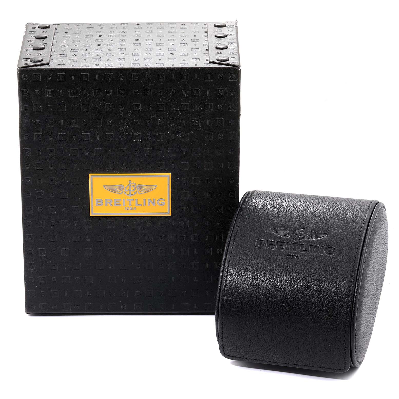 The image shows the packaging and a black case for the Breitling Superocean A17364 Men's Stainless Steel Black Dial A17364 Men's Stainless Steel Black Dial watch, featuring the Breitling logo.