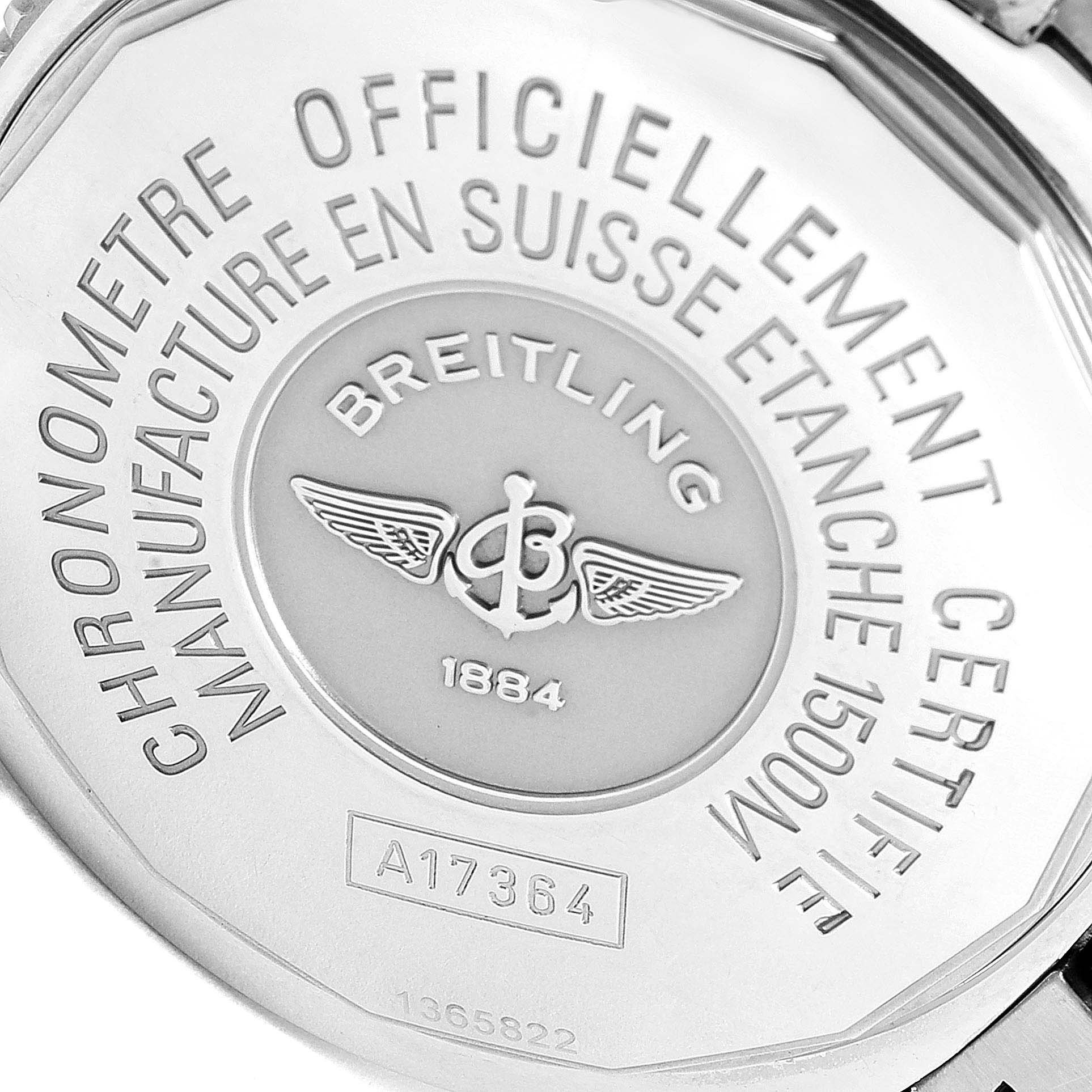 The image shows the back case of a Breitling Superocean A17364 Men's Stainless Steel Black Dial A17364 Men's Stainless Steel Black Dial watch, displaying branding, serial number, and certification details.