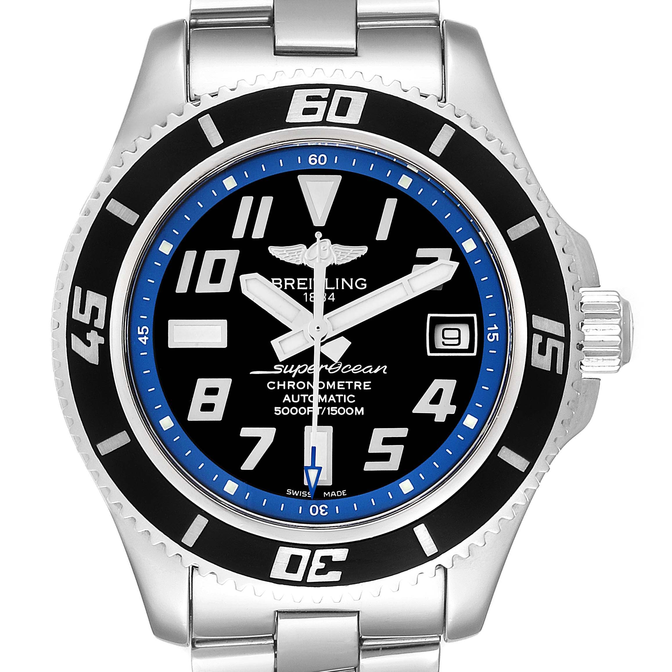 This Breitling Superocean A17364 Men's Stainless Steel Black Dial A17364 Men's Stainless Steel Black Dial watch is shown from the front, displaying the dial, bezel, bracelet, and crown.