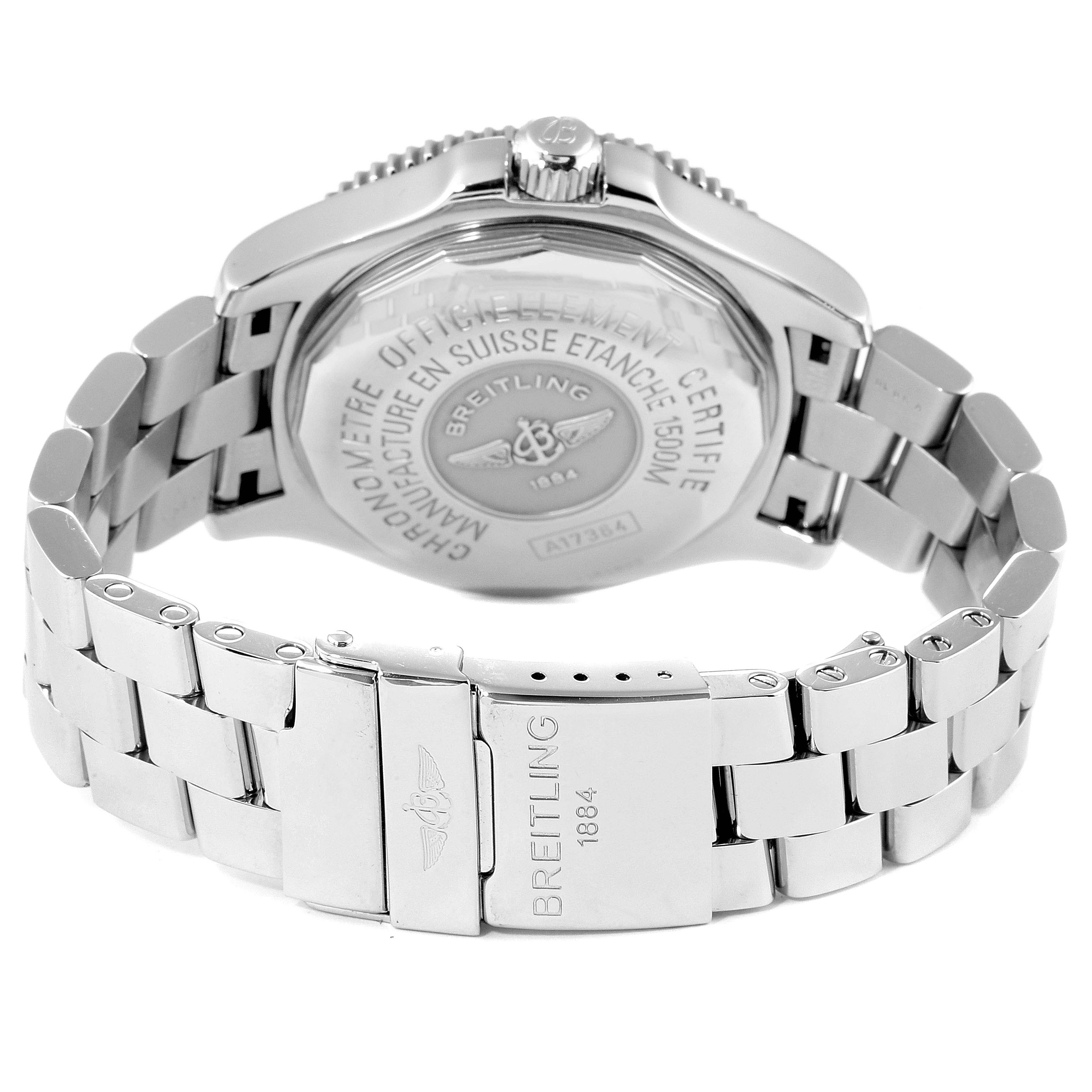The image shows the rear view of the Breitling Superocean A17364 Men's Stainless Steel Black Dial A17364 Men's Stainless Steel Black Dial watch, focusing on its case back and metal bracelet with clasp.