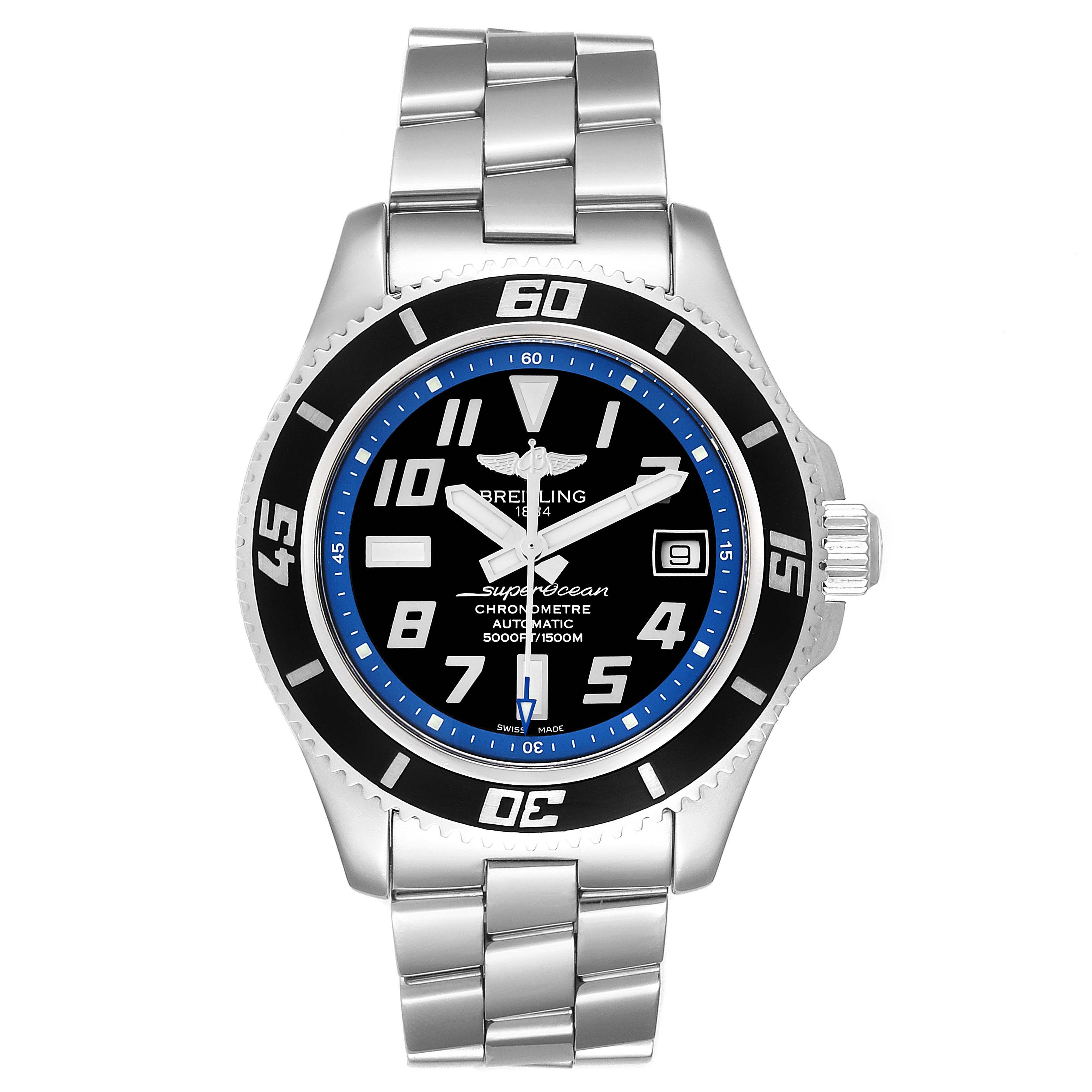 The image shows a front view of a Breitling Superocean A17364 Men's Stainless Steel Black Dial A17364 Men's Stainless Steel Black Dial watch, highlighting its dial, bezel, and metal bracelet.