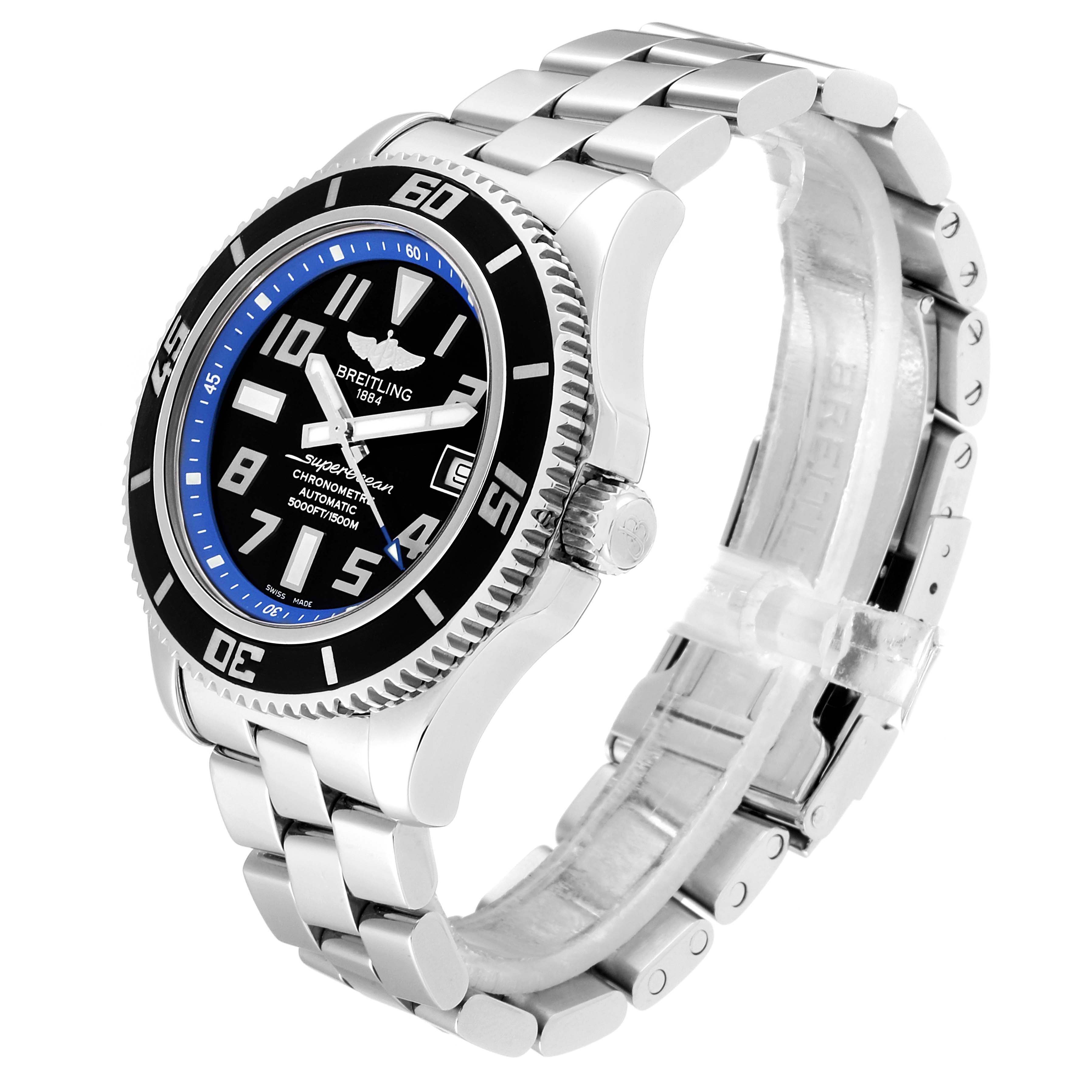 The image shows a Breitling Superocean A17364 Men's Stainless Steel Black Dial A17364 Men's Stainless Steel Black Dial watch at a three-quarter angle, highlighting the face, bezel, and metal bracelet.