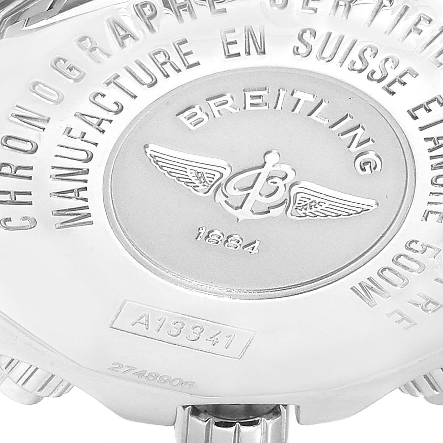 The image shows the back case of a Breitling Superocean A13341 Men's Stainless Steel Blue Dial A13341 Men's Stainless Steel Blue Dial watch from an overhead angle, highlighting the engraving and branding.