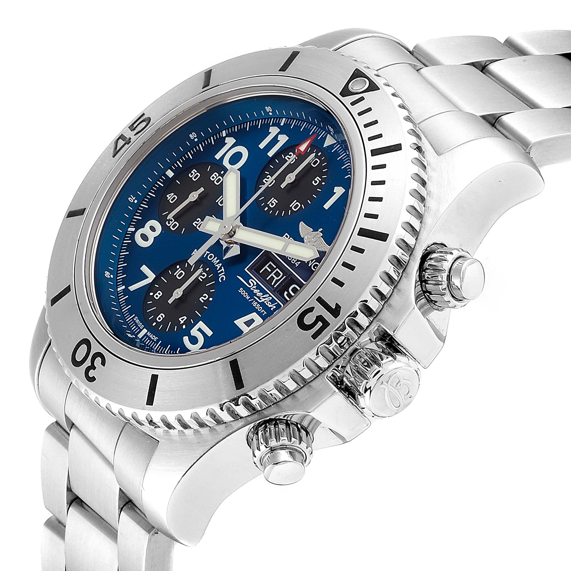 The image shows a Breitling Superocean A13341 Men's Stainless Steel Blue Dial A13341 Men's Stainless Steel Blue Dial watch at an angled close-up, featuring its bezel, face, crown, and chronograph pushers.