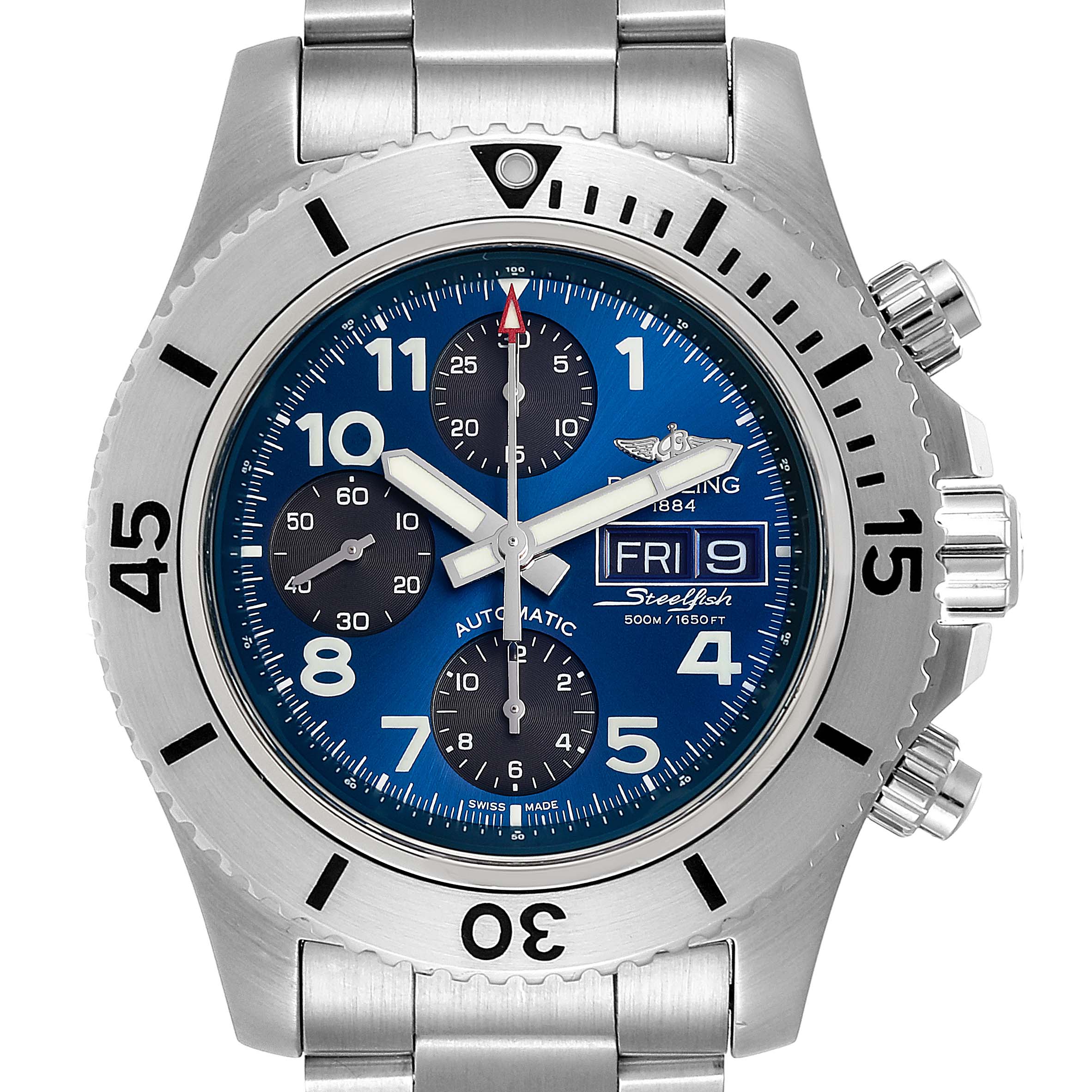 The image shows a front view of a Breitling Superocean A13341 Men's Stainless Steel Blue Dial A13341 Men's Stainless Steel Blue Dial watch, featuring the dial, bezel, and strap.