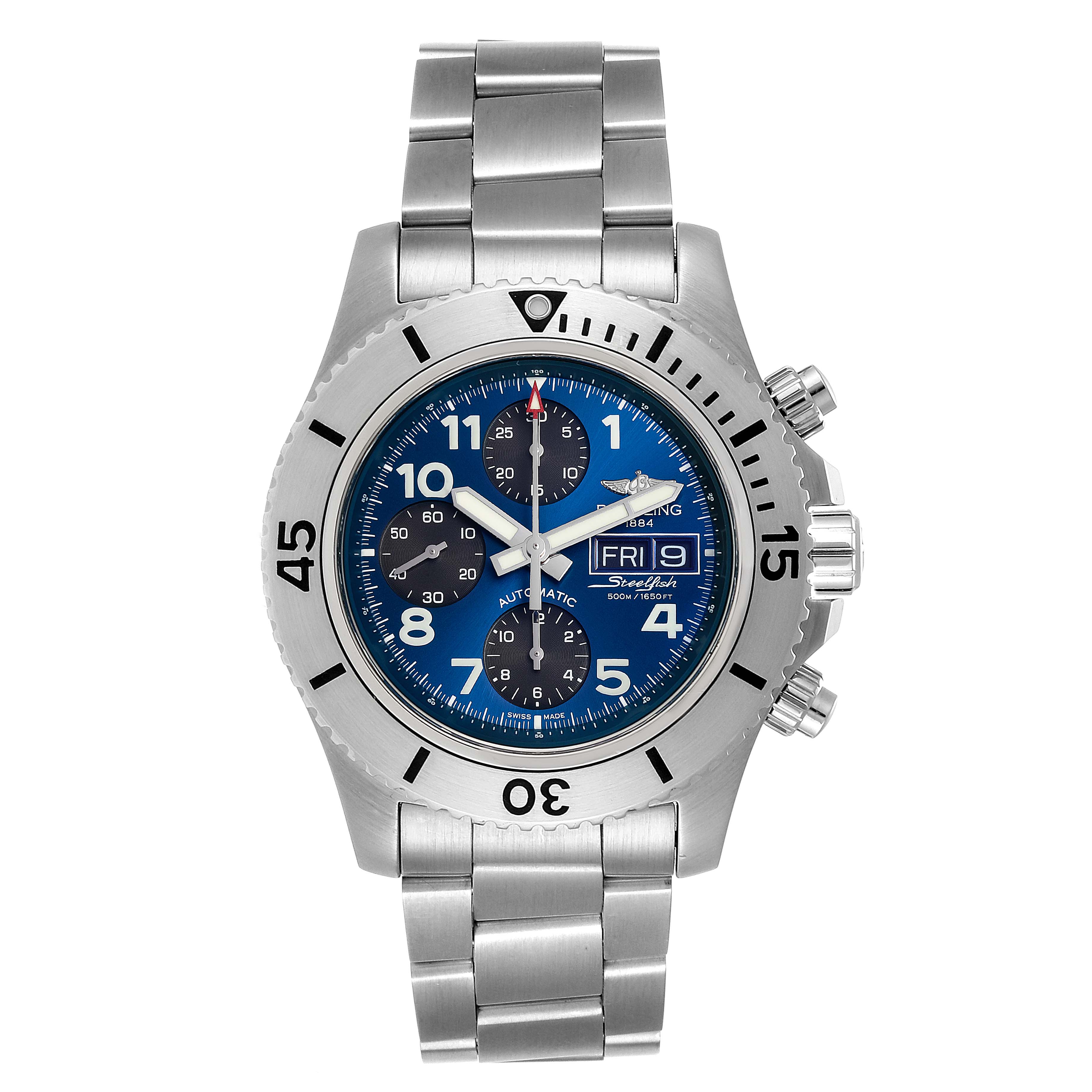 The image shows a front view of a Breitling Superocean A13341 Men's Stainless Steel Blue Dial A13341 Men's Stainless Steel Blue Dial watch, displaying the bezel, dial, sub-dials, and bracelet.