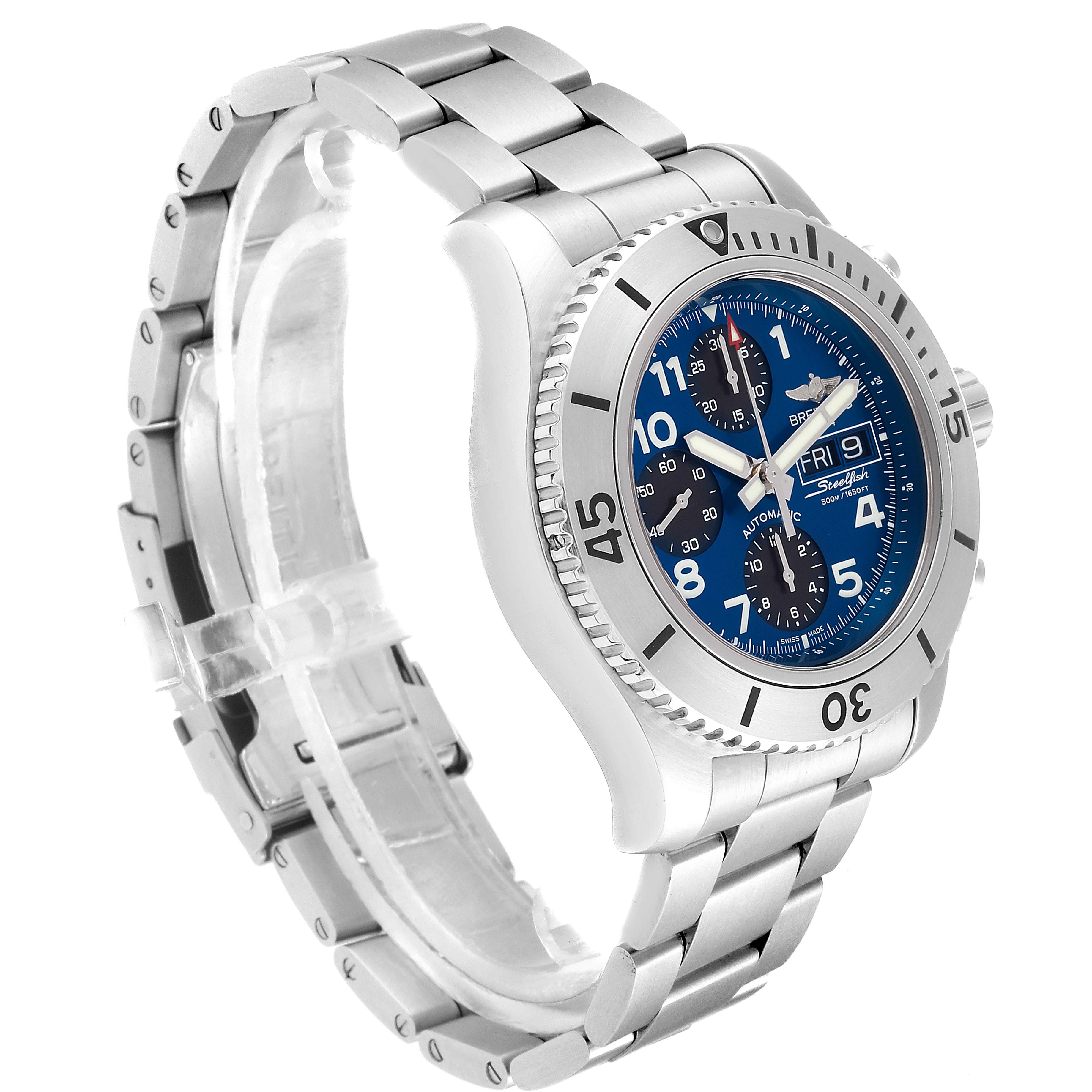 This image shows a side angle of the Breitling Superocean A13341 Men's Stainless Steel Blue Dial A13341 Men's Stainless Steel Blue Dial watch, highlighting its stainless steel band, bezel, and blue dial.