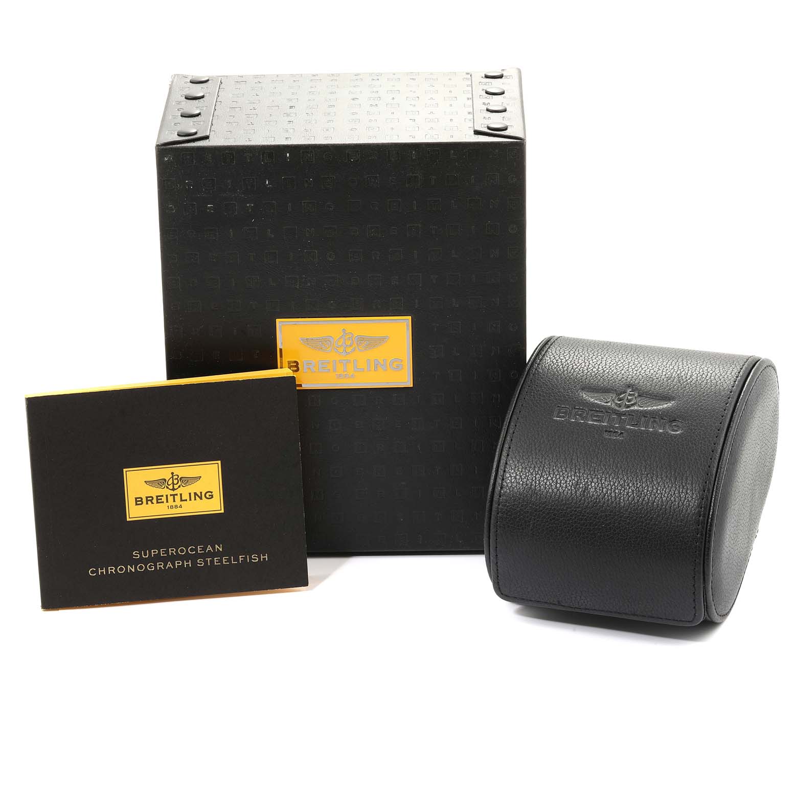 The image shows the packaging, case, and manual for the Breitling Superocean A13341 Men's Stainless Steel Blue Dial A13341 Men's Stainless Steel Blue Dial watch model.