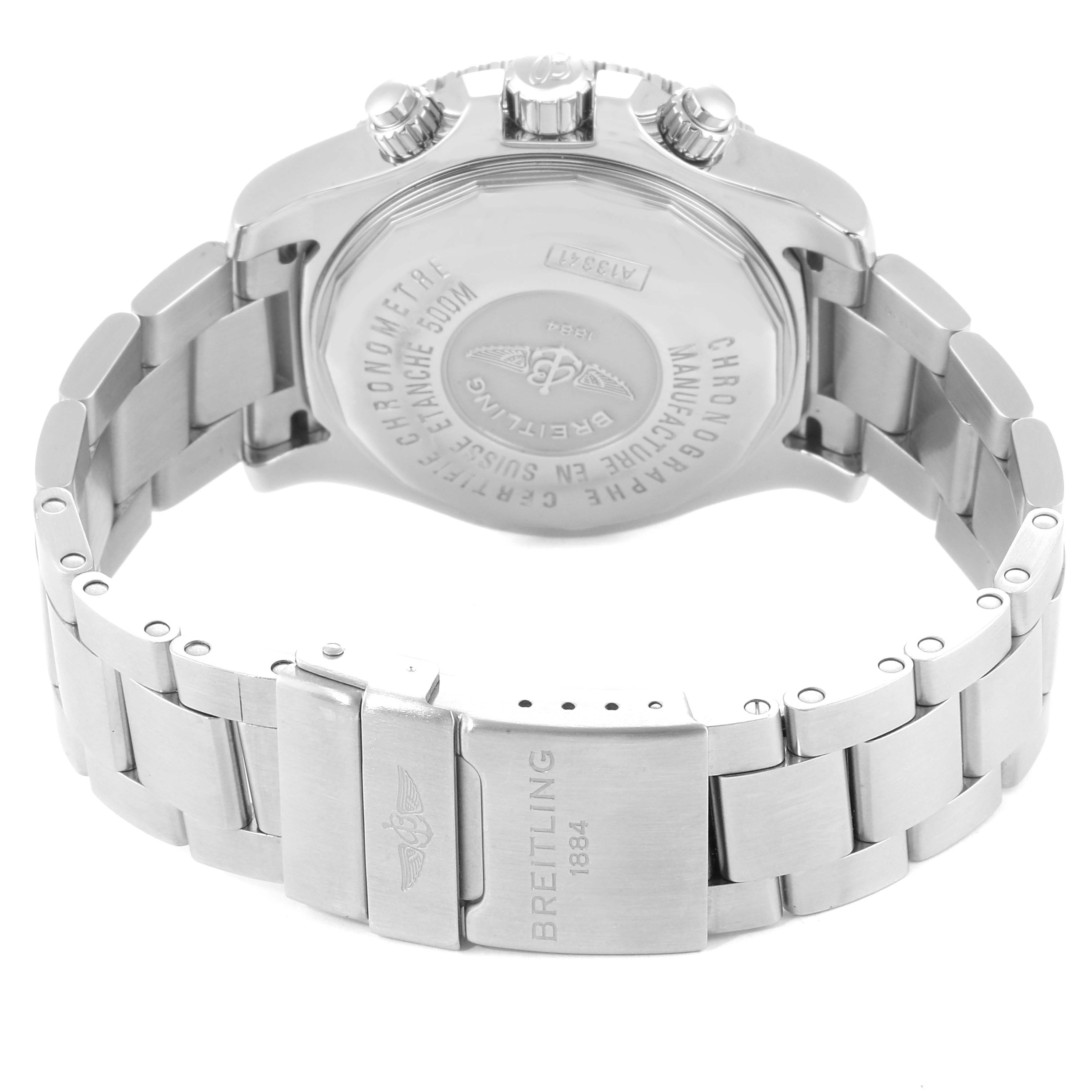 This is a Breitling Superocean A13341 Men's Stainless Steel Blue Dial A13341 Men's Stainless Steel Blue Dial watch shown from the back, highlighting the case back, bracelet, and clasp.