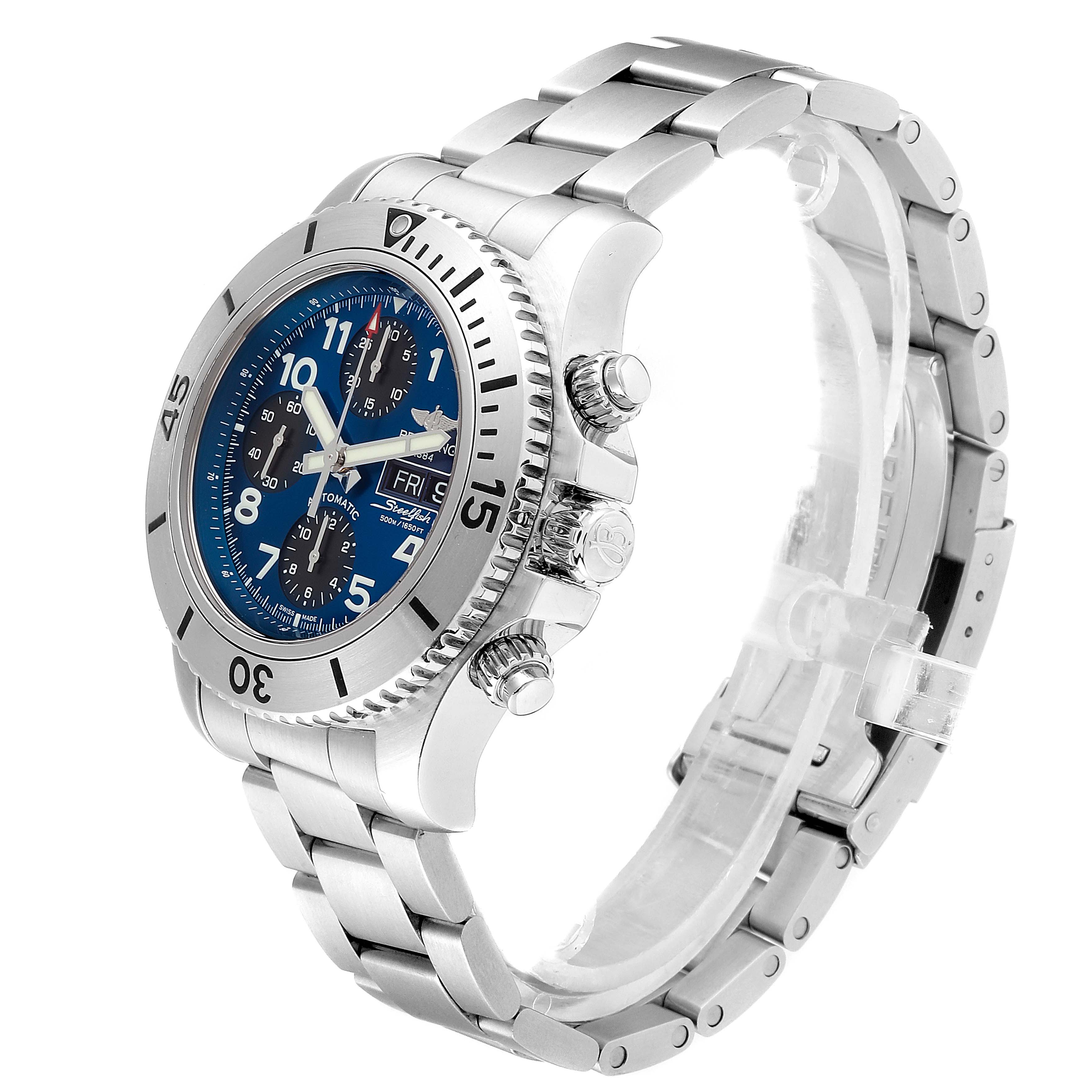 The image shows a left-front angled view of a Breitling Superocean A13341 Men's Stainless Steel Blue Dial A13341 Men's Stainless Steel Blue Dial watch, highlighting its stainless steel bracelet, bezel, and chronograph dials.