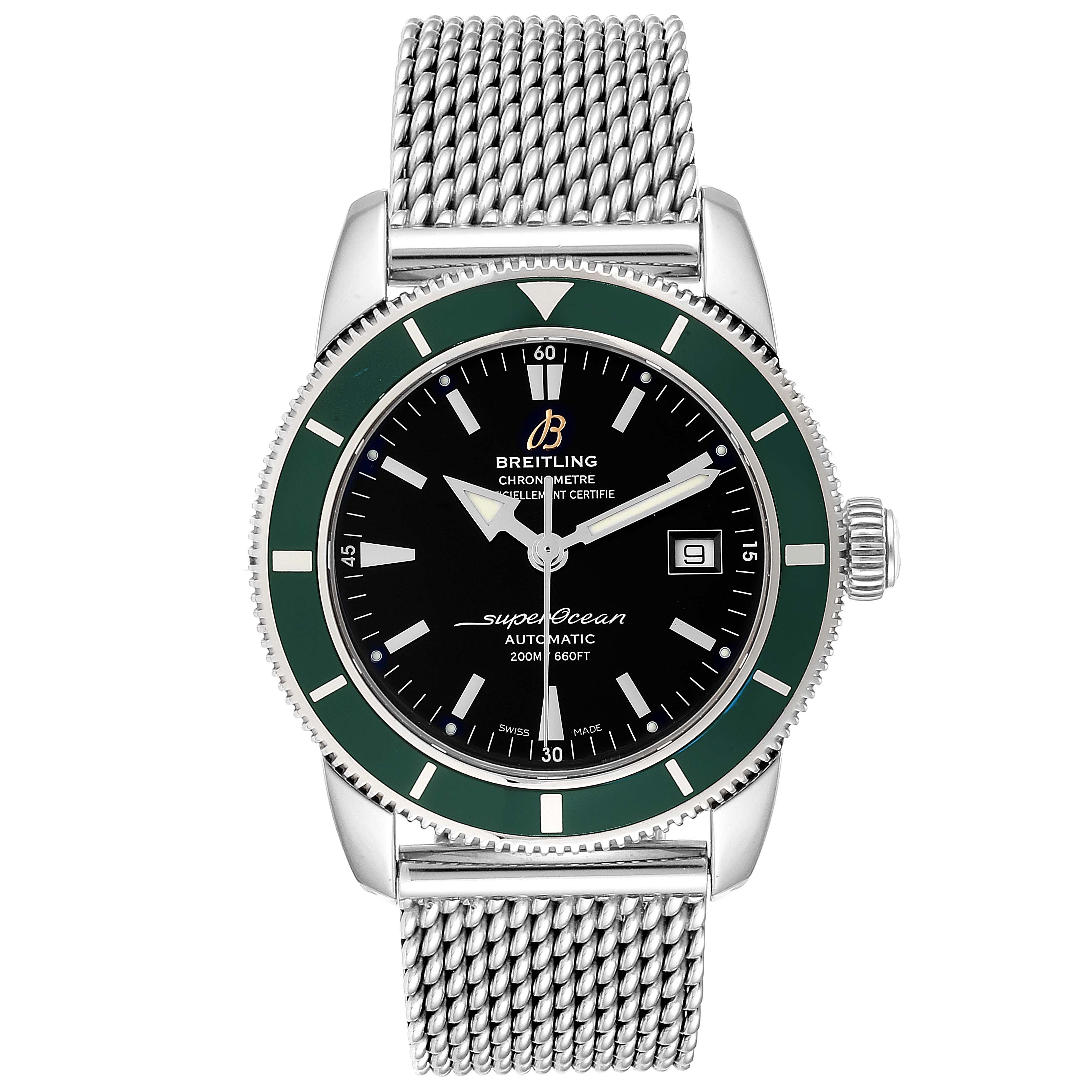 The image shows a front view of the Breitling Superocean A17321 Men's Stainless Steel Black Dial A17321 Men's Stainless Steel Black Dial watch, displaying the dial, bezel, and mesh bracelet.